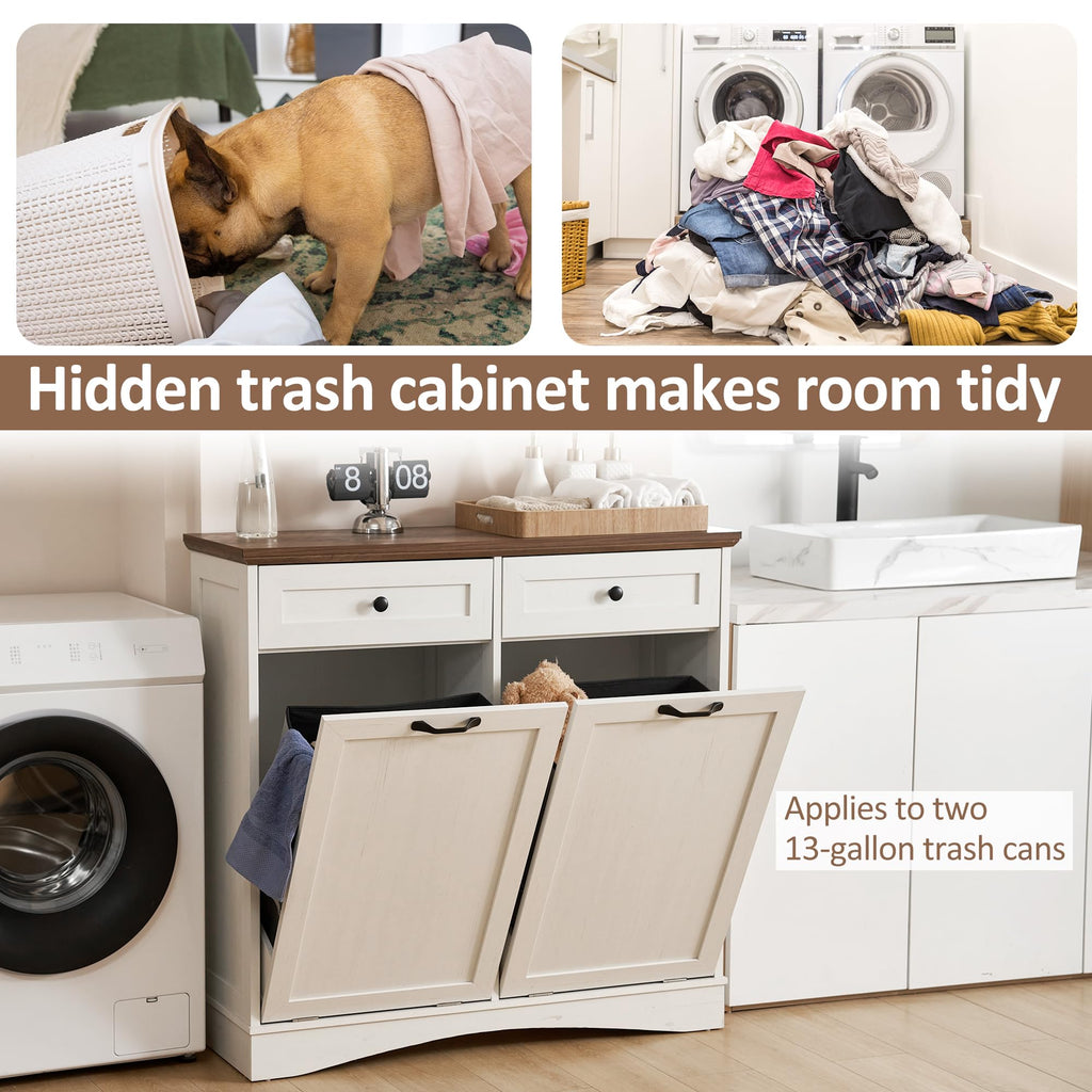 AHB Double Tilt Out Trash Can Cabinet Freestanding Kitchen Trash Can, 2x13 Gallons Hidden Garbage Recycling Cabinet with Hideaway Drawers Pet Proof Trash Can Holder for Kitchen, Antique White