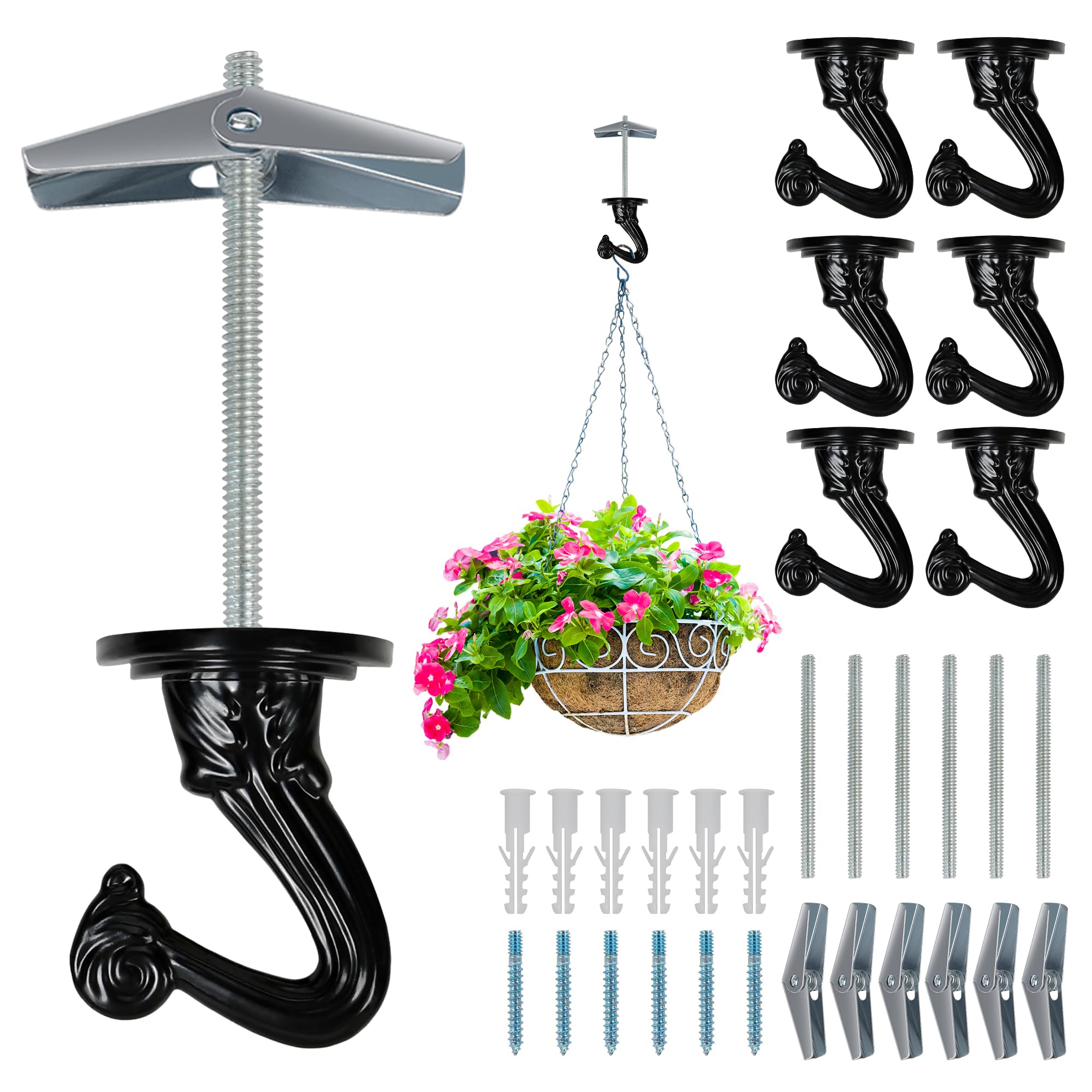 Aidoclip Ceiling Swag Hook Sets - Heavy Duty Hooks with Mounting Hardware for Hanging Plant, Ceiling or Extender Chains - Easy Install with Screws/Brackets (10 pcs - Black)