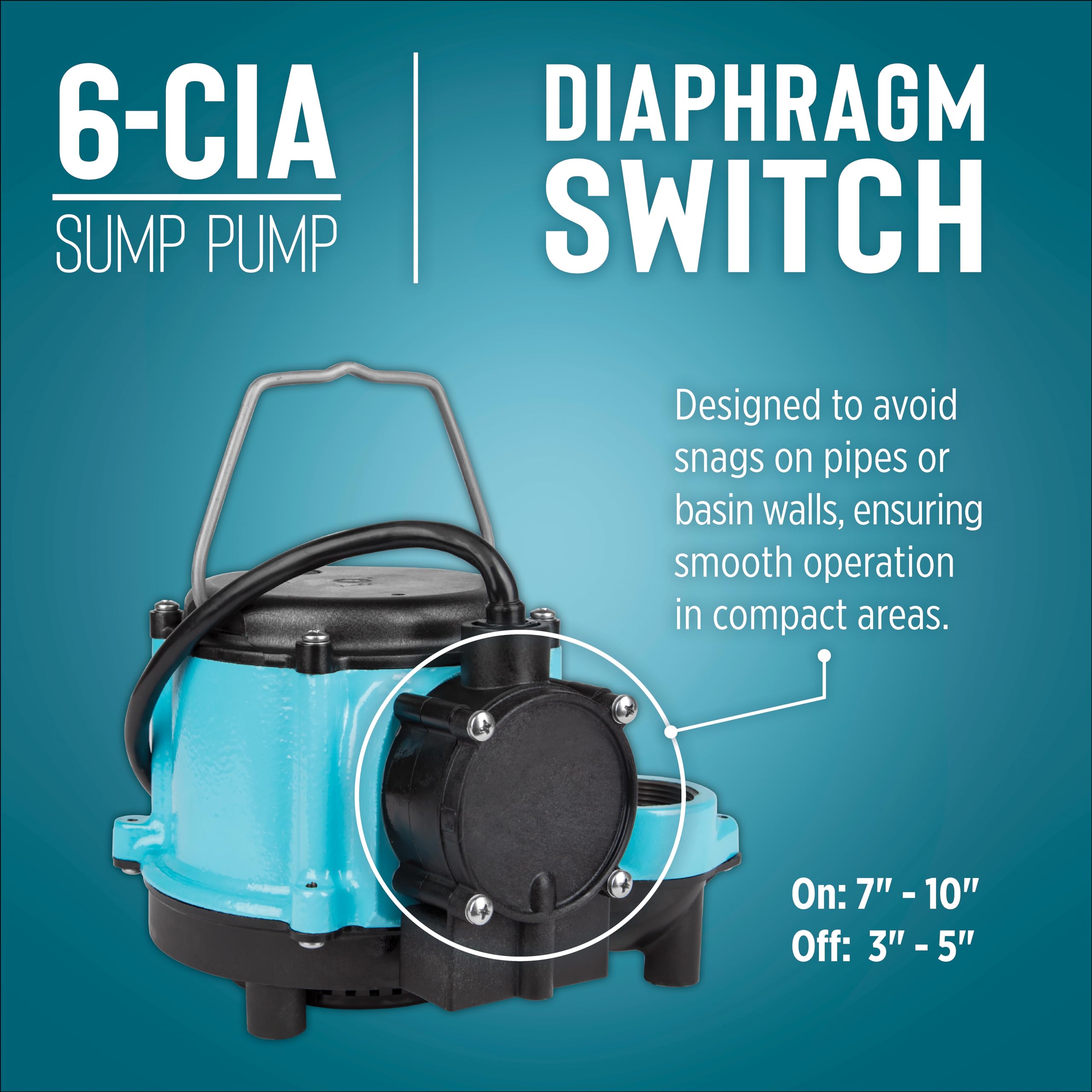 Little Giant 6-CIA 115 Volt, 1/3 HP, 2760 GPH Cast Iron Automatic Submersible Sump Pump with Integral Diaphragm Switch for Sump Systems, 10-Ft. Cord, Blue, 506158
