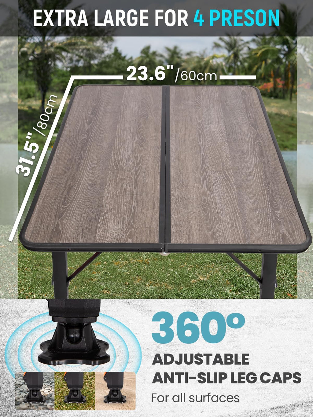 KingCamp Bamboo Folding Table, 4-Fold Camping Adjustable Height Portable Outdoor Lightweight & Compact Table with Aluminum Frame for RV Picnic BBQ Tailgating
