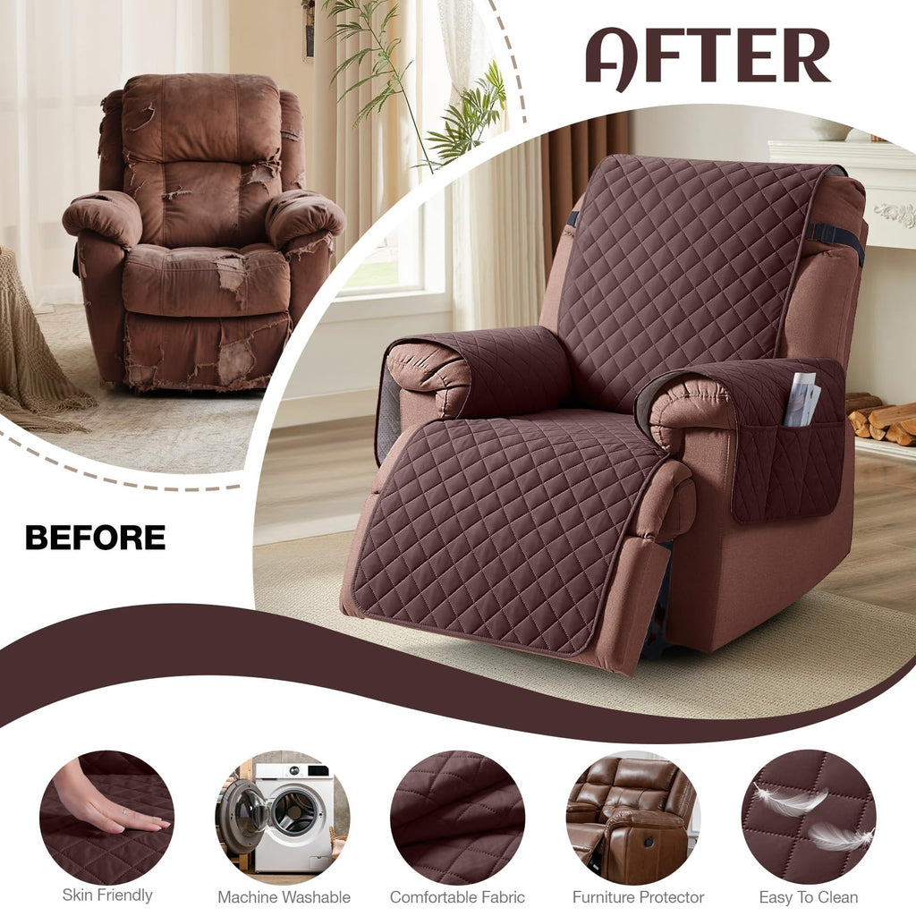 KinCam 100% Waterproof Recliner Chair Cover, Reclining Couch Covers for Pets, Dogs, Recliner Couch Slipcover Furniture Protector with Elastic Straps for Kids(23.6", Beige White)