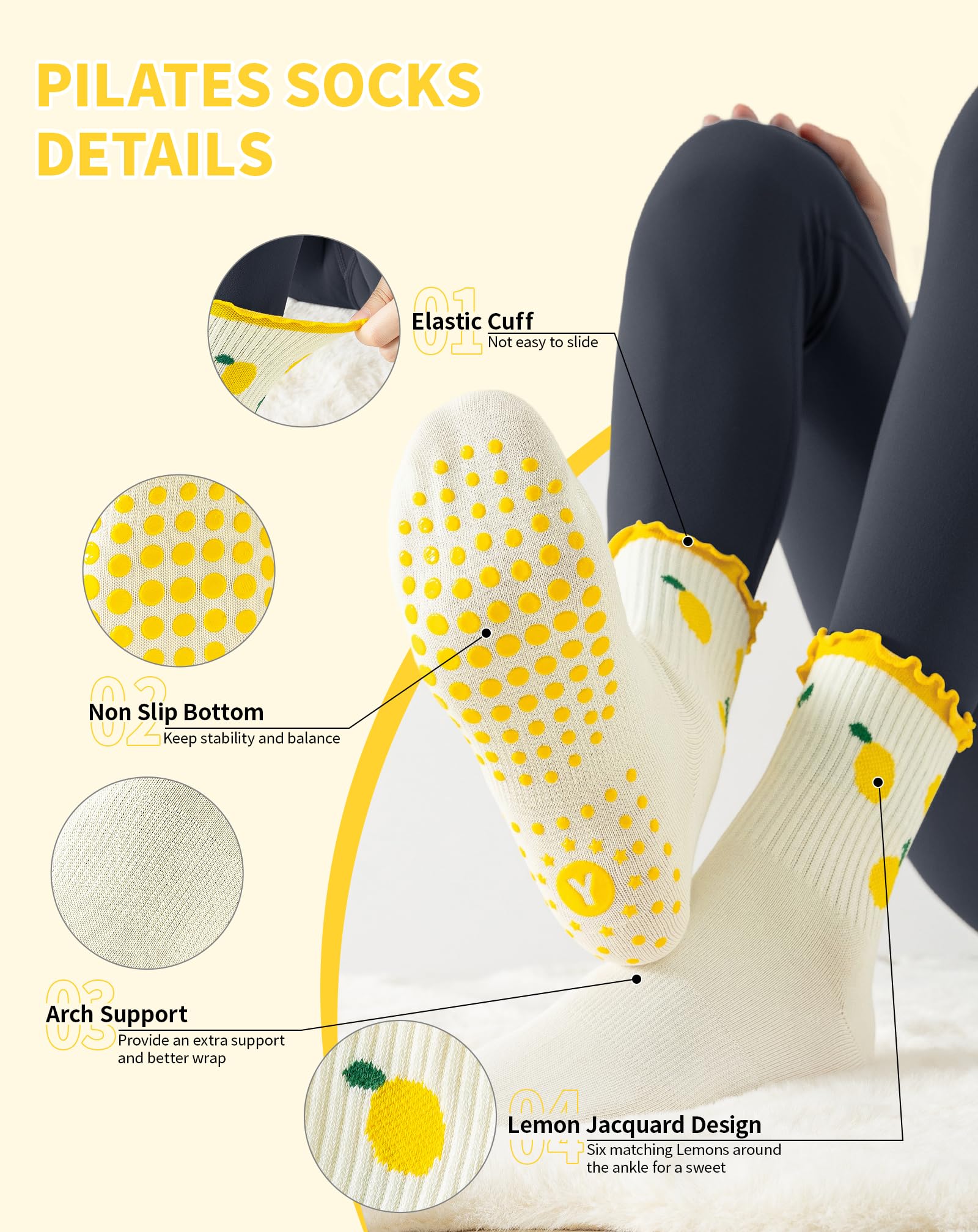 Yawlsow Pilates Grip Socks for Women Yoga Grippy Socks Cute Barre Non Skid Athletic Crew Sticky Sock Workout Hospital