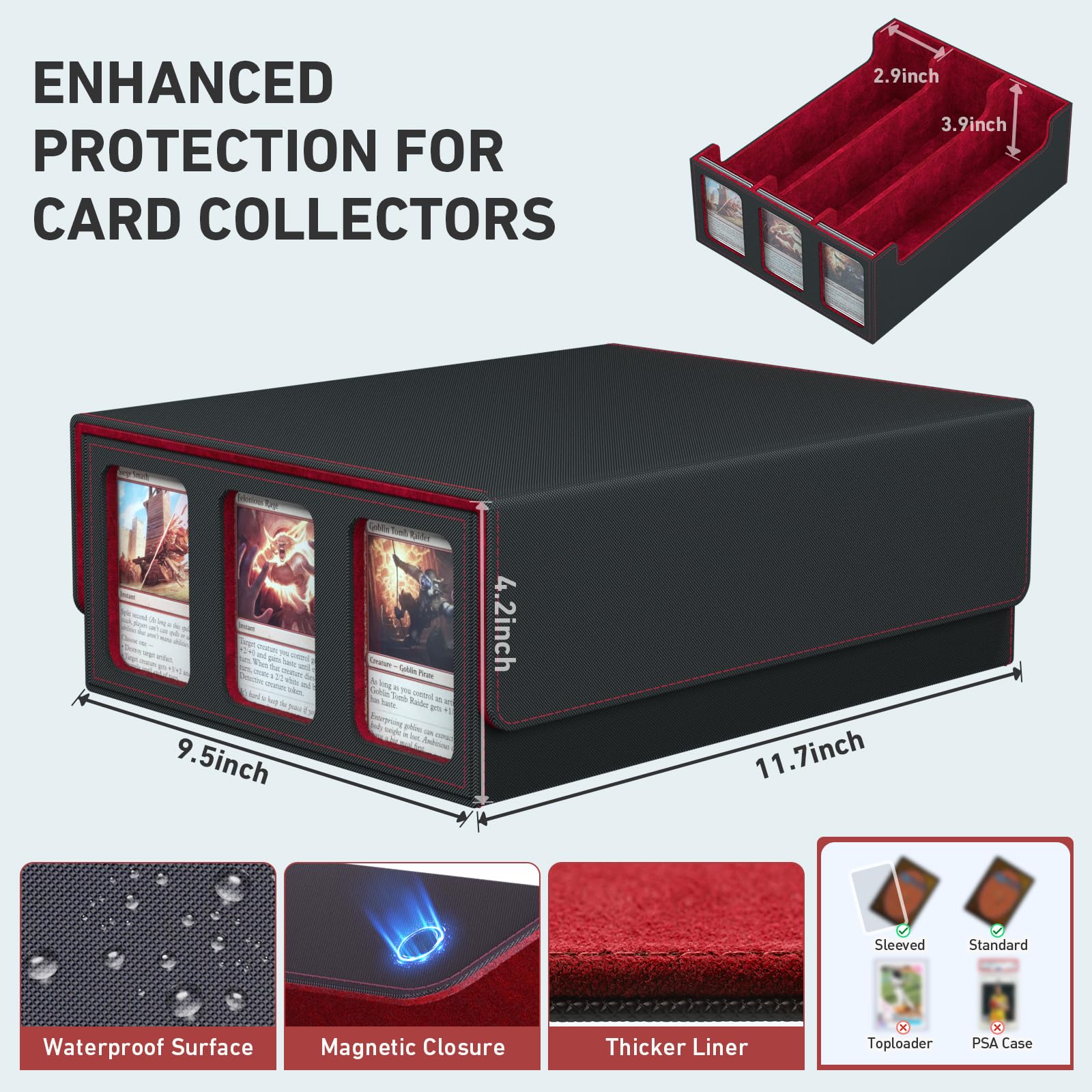 3-Row Trading Card Storage Box, Bulk Cards Case for 2400+ Mtg tcg Magic Playing Game Card Organizer, Commander Deck Box with 3 Supports & 24 Dividers