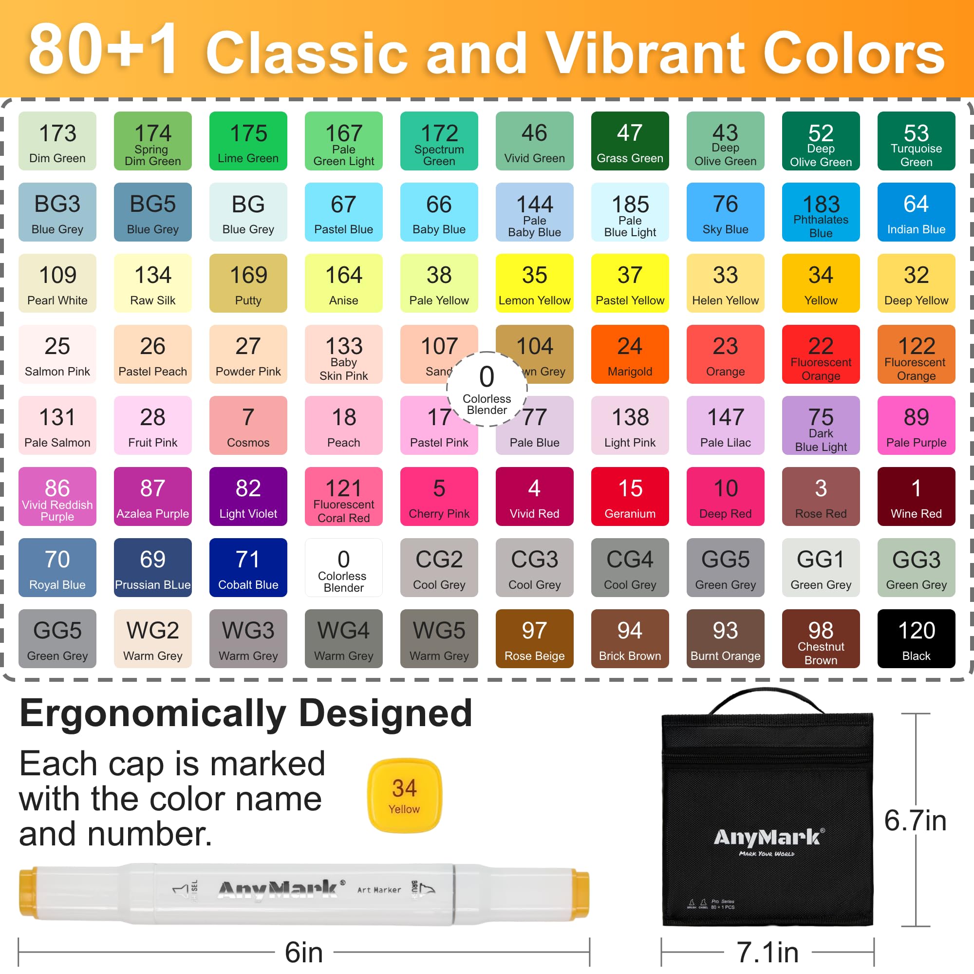 AnyMark Alcohol Markers Brush Tip, 60+1 Colors Dual Tip Brush & Chisel Alcohol-Based Art Markers Set with Case for Adult Artists Drawing Coloring