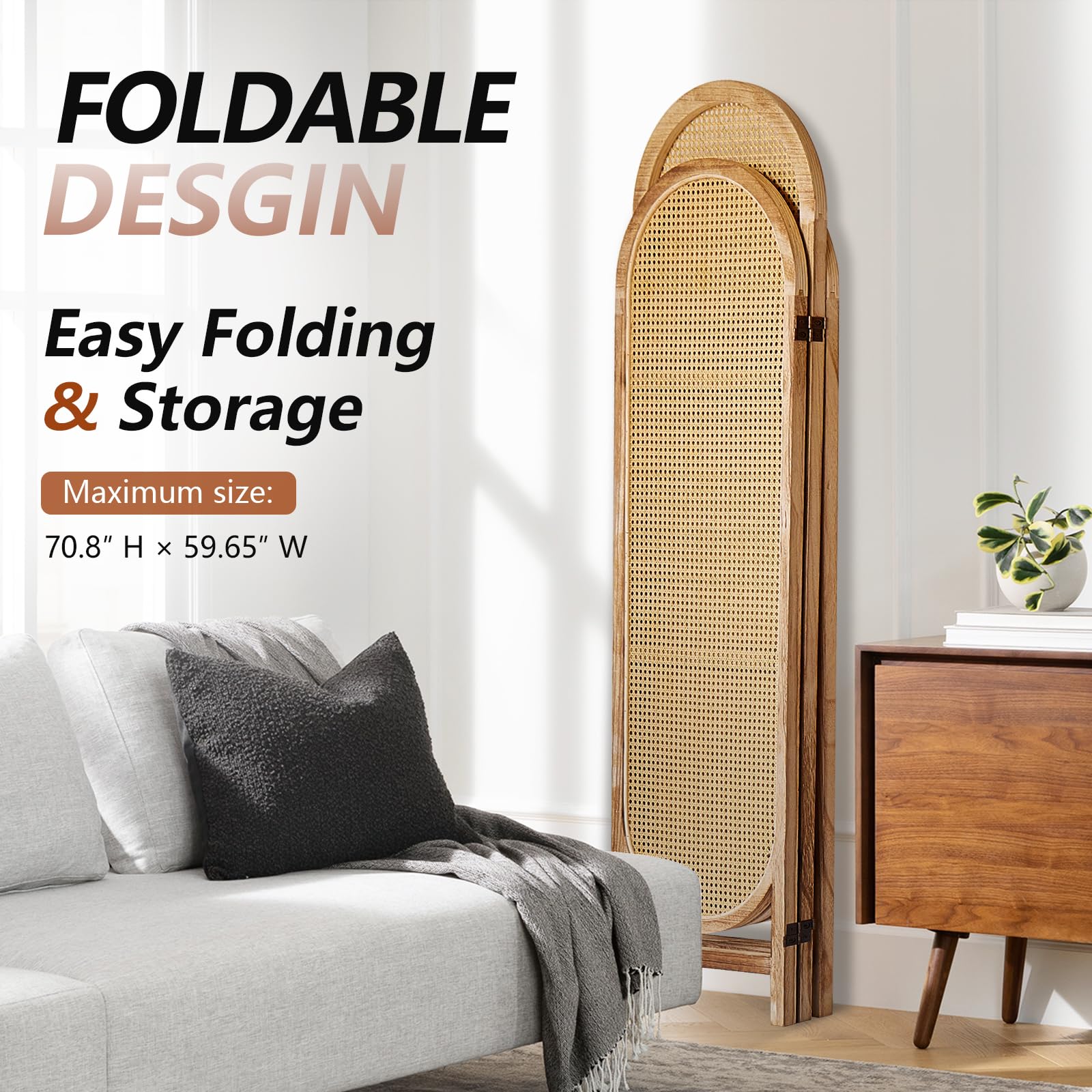 Hand-Woven Rattan Room Divider 3 Panels, 5.9 Ft Tall Wood Room Divider Panel, Partition Screen Divider Wall, Folding Privacy Screen, Wall Divider for Room Separation Home Office - Black