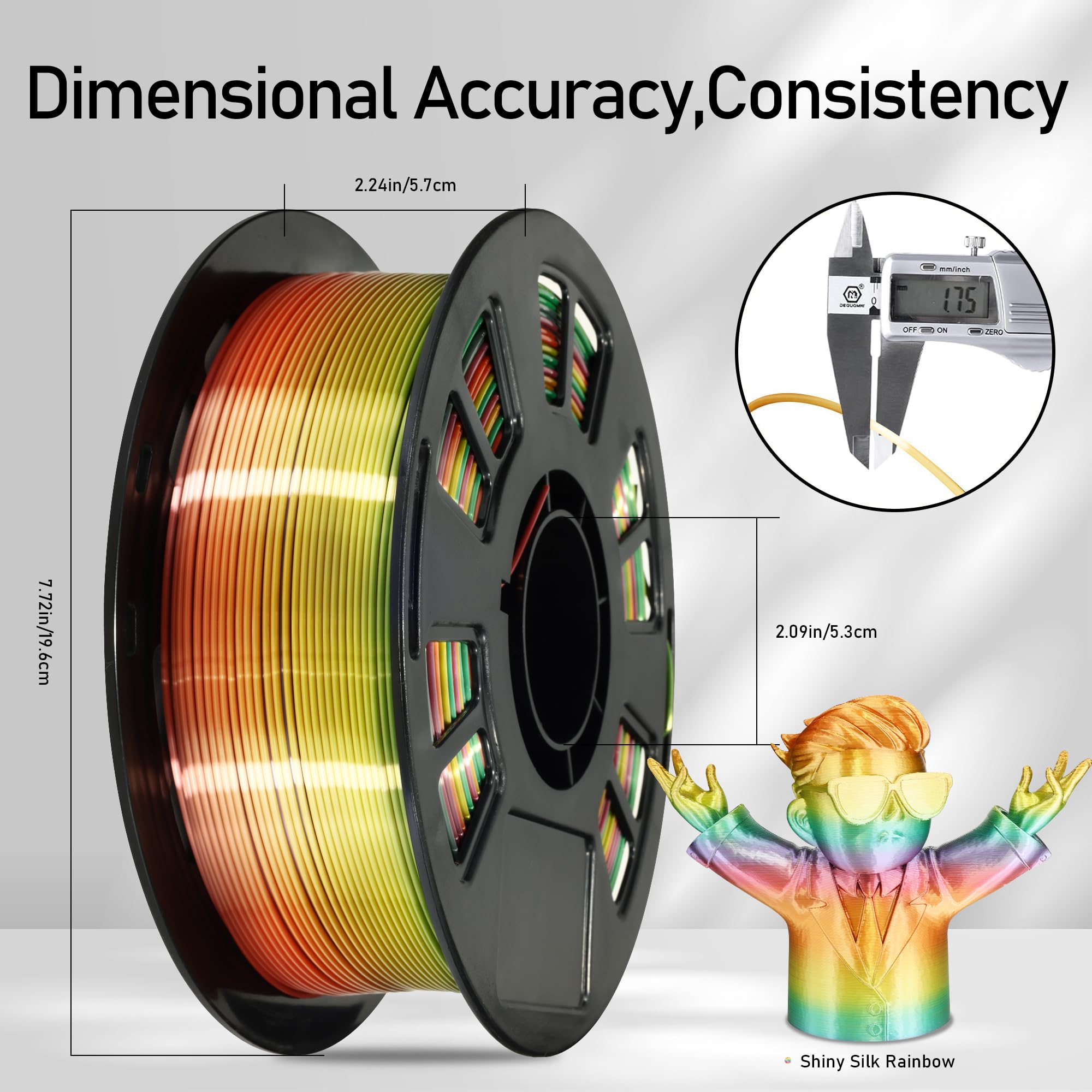 1.75mm PLA 3D Printer Filament Bundle: Glow in Dark Green/Blue/Purple/Rainbow, One Spool Clear Multi Colored, Each Spool 250g, Total 1.25Kg 3D Printing Material, 250g x 5 Spools Glow in Dark PLA