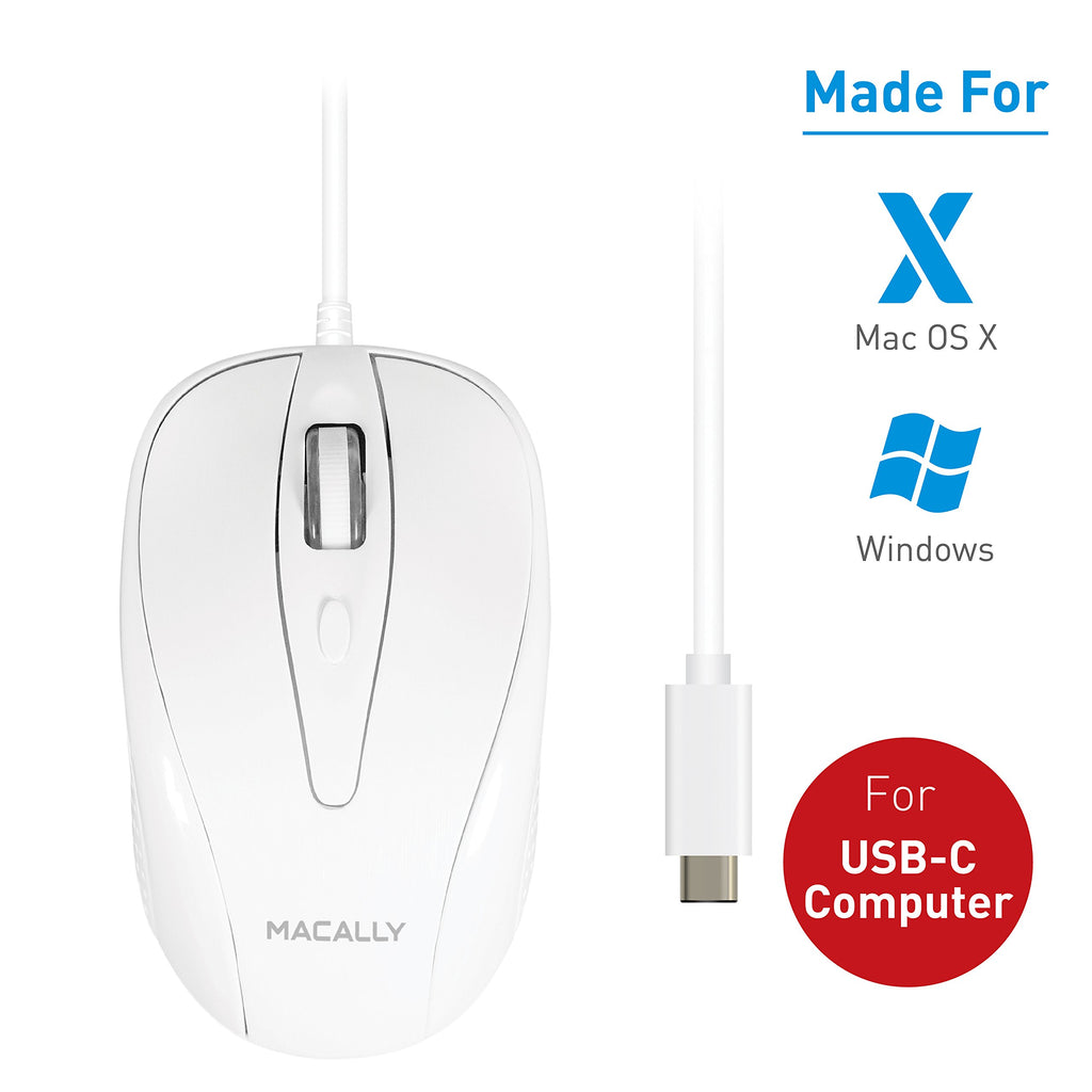 Macally Wired USB C Mouse for Mac and PC - Slim, Quiet, and Reliable - Type C Mouse for MacBook Pro/Air, iMac, Apple iPad, Laptop, Computer Desktop with 3 Button, Scroll Wheel, USBC, and 4 DPI Mode