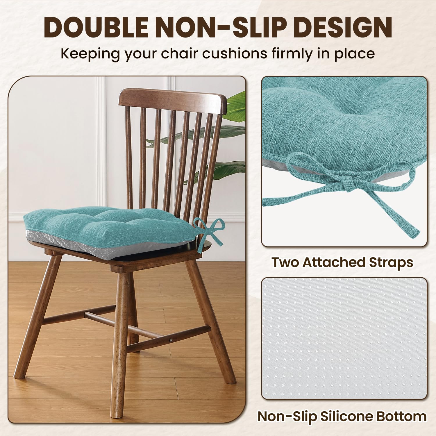 downluxe Indoor Chair Cushions for Dining Chairs, Tufted Overstuffed Textured Kitchen Chair Pads with Ties and Non-Slip Backing, 15.5" x 15.5" x 4", Aqua Blue, 4 Pack