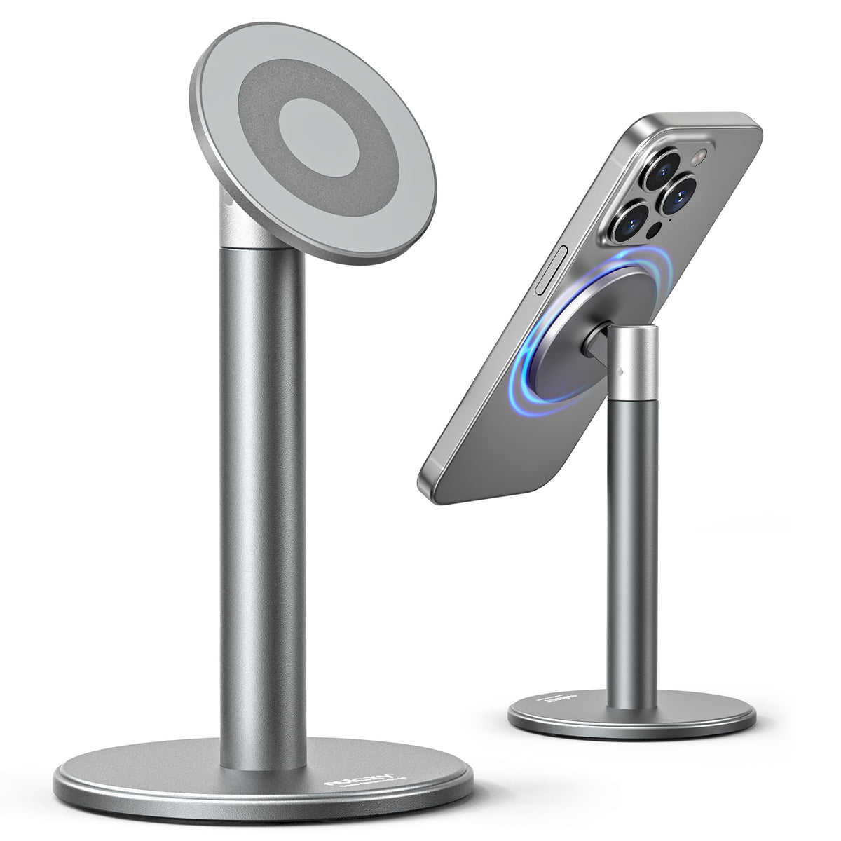 Nulaxy Magnetic Full Aluminum Cell Phone Stand for MagSafe with Metal Ring, 360 Rotating Phone Stand for Desk, Office Desk Accessories, Adjustable Phone Holder Compatible with All Phones, Gray