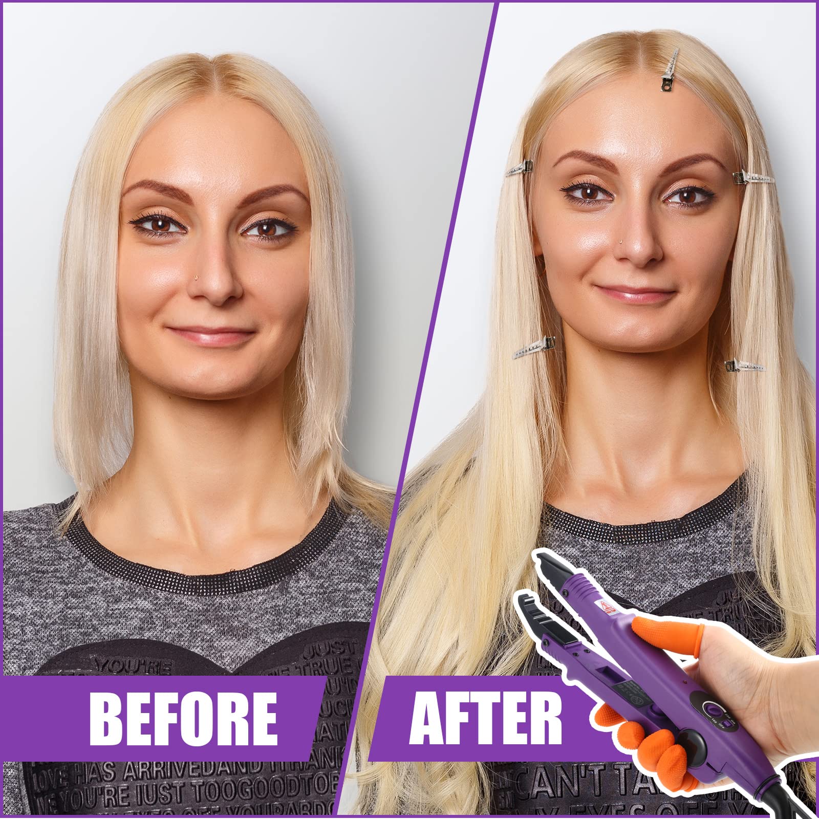 Hair Extensions Iron Fusion Keratin Hair Extensions Heat Tool Heat Connector Wand with Fusion Glue Protector Template Hair Clip Finger Protector 2 Bag Keratin Glue Granule Bead(Black)