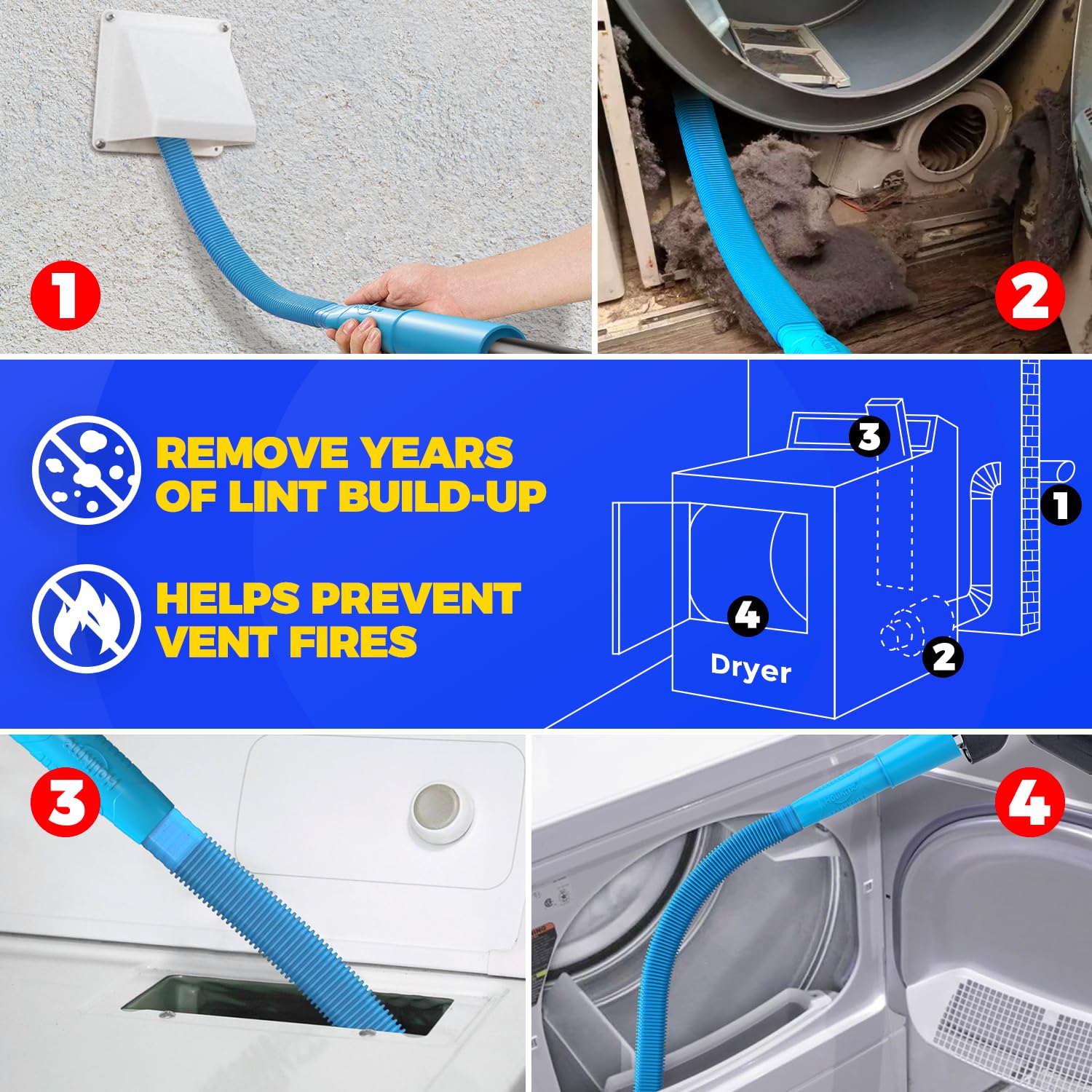 Holikme Dryer Vent Cleaner Kit, Include 30Feet Dryer Vent Cleaning Brush, Dryer Lint Vacuum Attachment, Lint Brush & Dryer Adapters, Blue