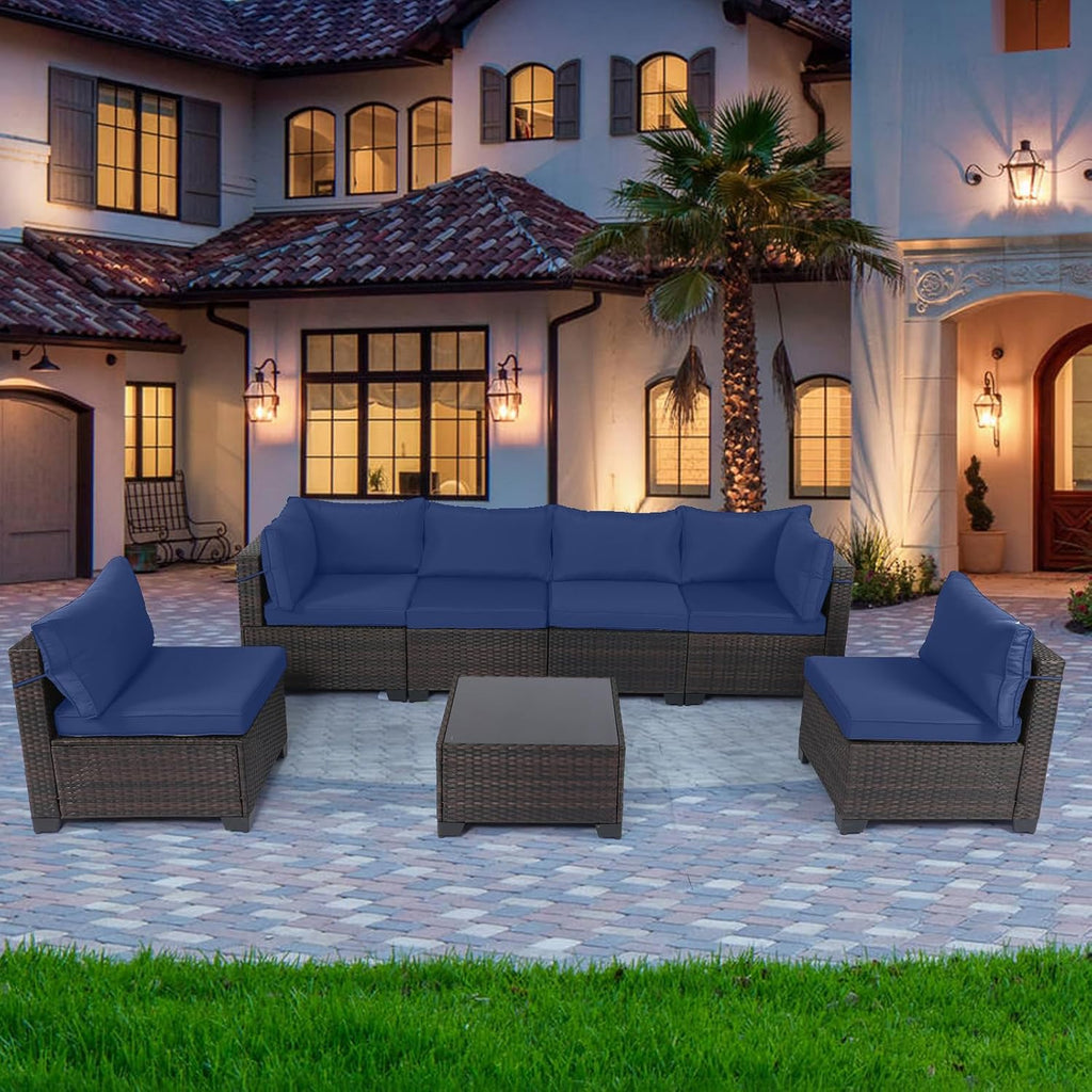 LEVELEVE 7 Pieces Outdoor Patio Furniture Sets,Rattan Conversation Sectional Set,Manual Weaving Wicker Patio Sofa with Tea Table
