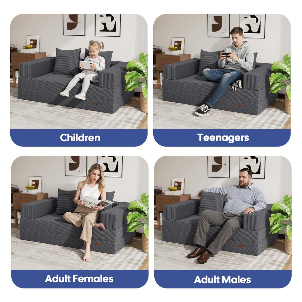 COMAX Futon Sofa Bed, 4‑in‑1 Convertible Sofa Bed, Folding Boneless Couches | Boneless Couch for living room, Fold Out Small Foldable Loveseat Floor Sleeper Mattress Lounge Space‑Saving, Ash Gray