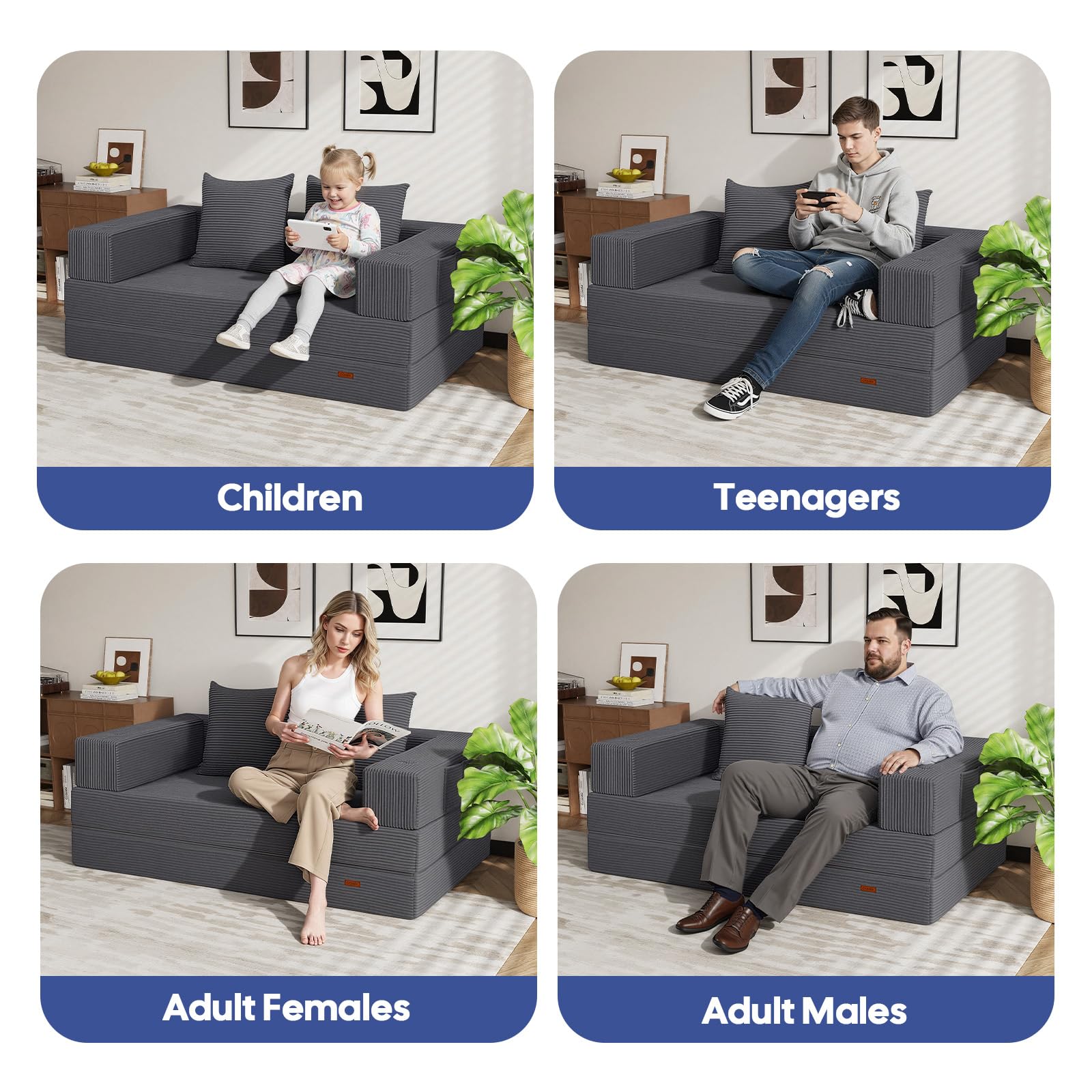COMAX Futon Sofa Bed, 4‑in‑1 Convertible Sofa Bed, Folding Boneless Couches | Boneless Couch for living room, Fold Out Small Foldable Loveseat Floor Sleeper Mattress Lounge Space‑Saving, Ash Gray