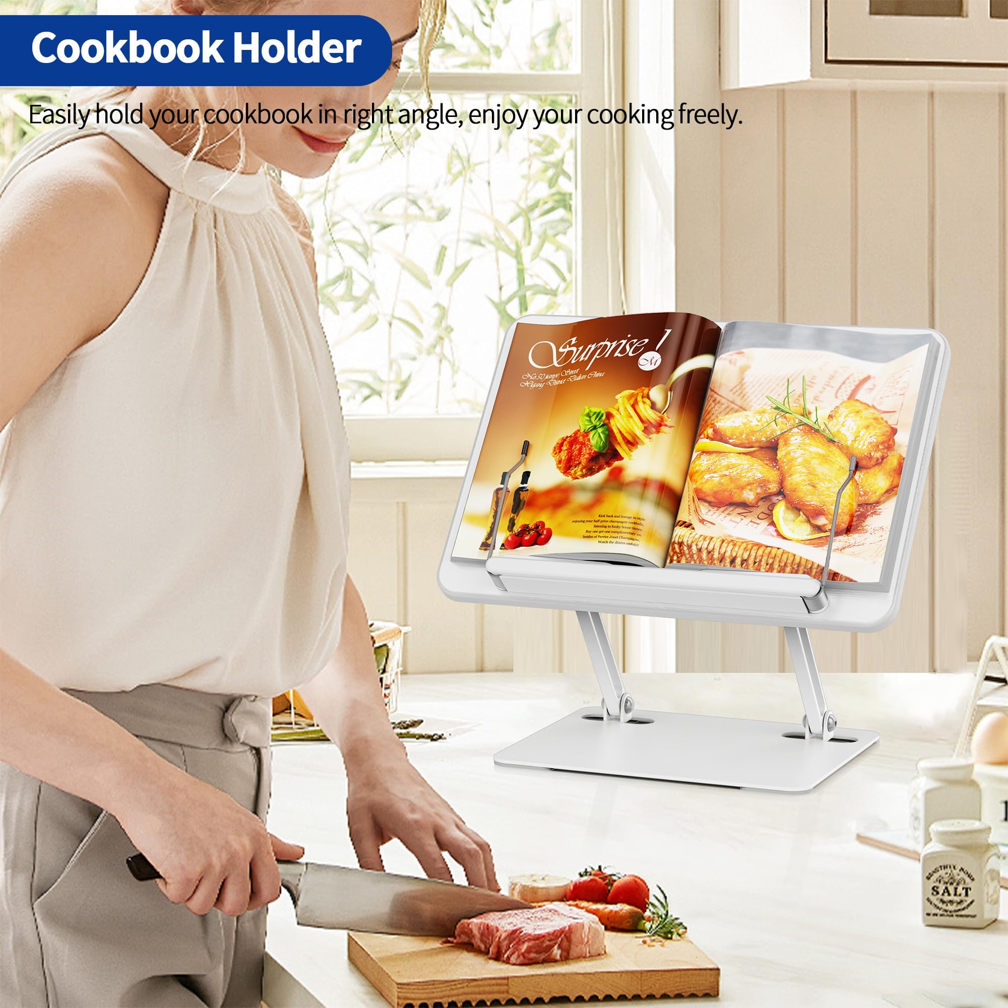BESIGN BS01 Book Stand for Reading, Adjustable Book Holder, Ergonomic Laptop Stand with Elastic Page Clips for Music Scores, Recipe, Tablet, Laptop (Black)