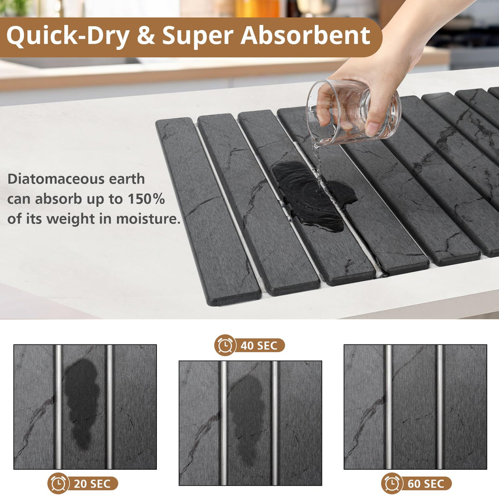 Stone Dish Drying Mat for Kitchen Counter, Eco-friendly, Instant Drying Pad,Diatomaceous Earth Water Absorbing Mat, Foldable and Super Absorbent Dish Drying Stone Mat, 16"×12", Dark Gray