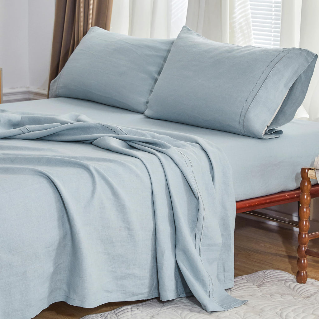 Simple&Opulence 100% Pure Linen Sheet Set Twin Size, Natural French Flax Solid Color 3 Pcs Washed Breathable, Farmhouse Bedding (1 Flat Sheet,1 Fitted Sheet,1 Pillowcase)-Embroidery Dark Grey