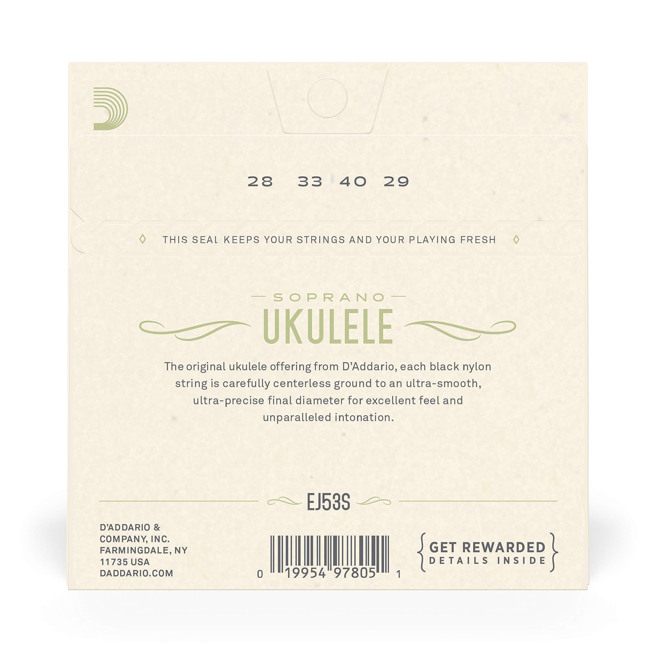D'Addario Baritone Ukulele Strings, Fluorocarbon, EJ99B, 4-String Set, Pack of 1