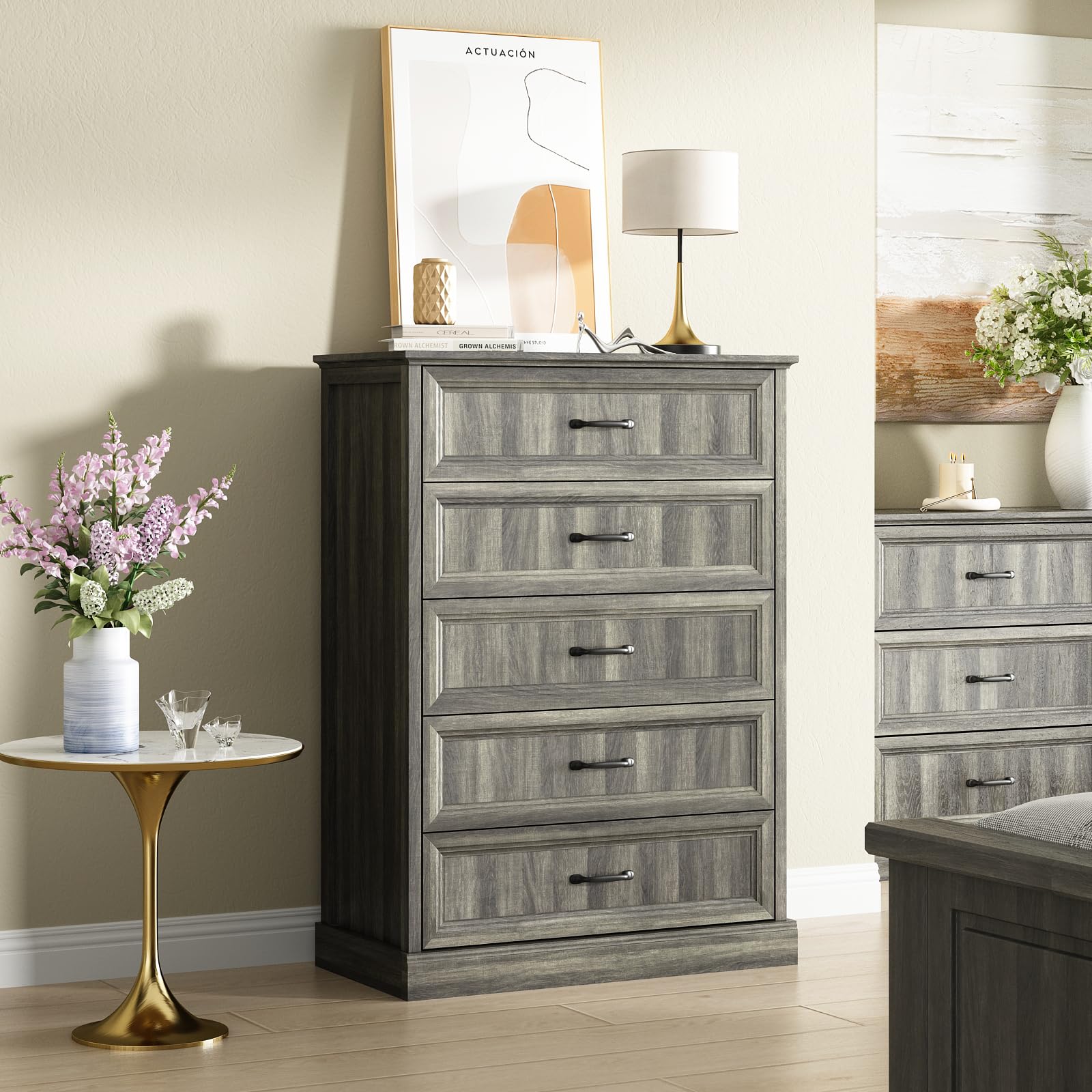 Farmhouse 5 Drawers Dresser for Bedroom, 44" Tall Brown dresser Wood Rustic Chest of Drawers with Wide Metal Handle,Natural Texture,Drawer Organizer for Bedroom,Living Room,Hallway and Entryway