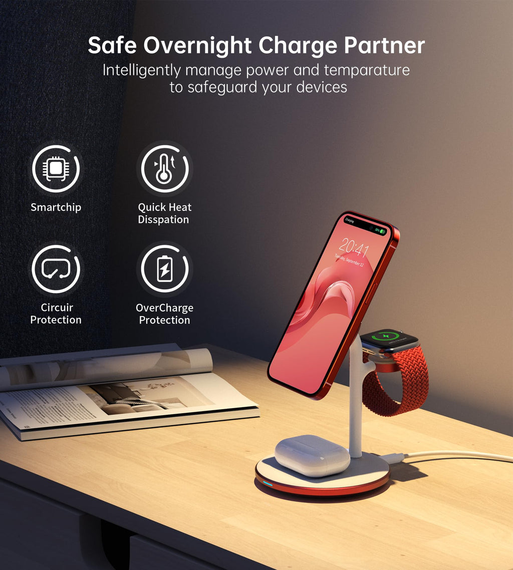 XooFly 3 in 1 Wireless Charging Station for Apple Devices, Fast Wireless Mag-Safe Charger Stand with 20W Adapter for iPhone 17/16 15 14 13 12 Pro Max/Pro/Plus/Air/Mini, iWatch, AirPods (Black)