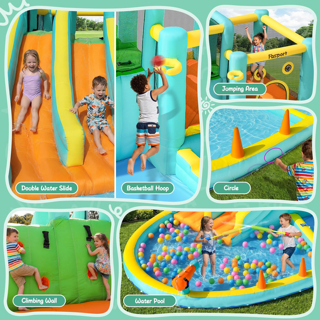FBSPORT Inflatable Bounce House Double Slide,Water Slide Park Bounce House with Ball Pit,Water Cannon, Climbing Wall, Kids Bouncy Castle with 550W Air Blower for Backyard, Outdoor, Indoor