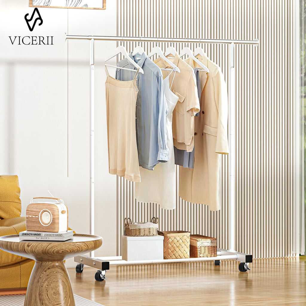 VICERII Clothing Rack, 55.51 Inch Heavy Duty Clothes Rack Rolling Garment Rack with Wheels and Bottom Shelf, 130LB Capacity Clothes Racks for Hanging Clothes, Coats, Shirts, Sweaters, Skirts, Black