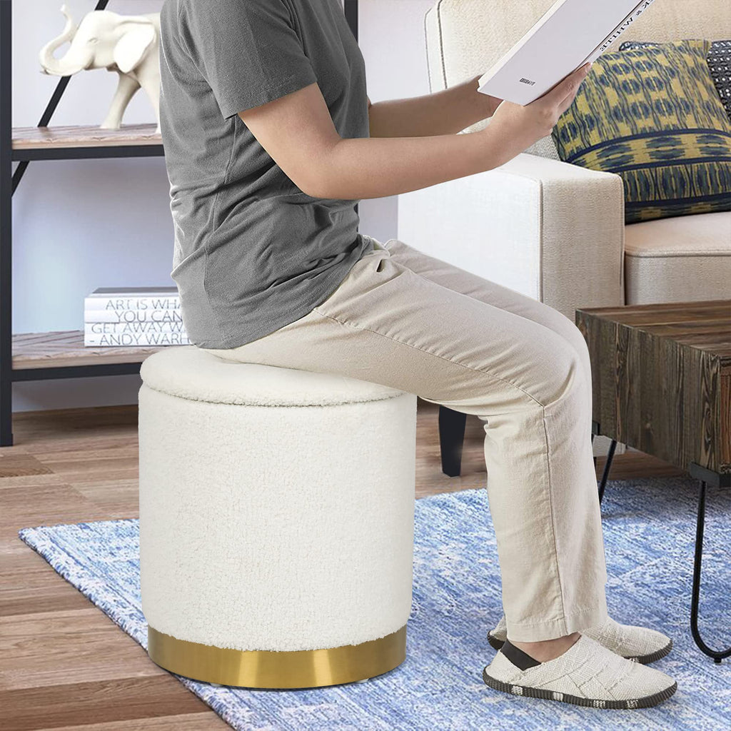 Joveco Boucle Round Ottoman with Storage,Vanity Stool with Storage for Bedroom, Ottoman Coffee Table,Small Boucle Foot Stool for Living Room, Black with Gold Plating