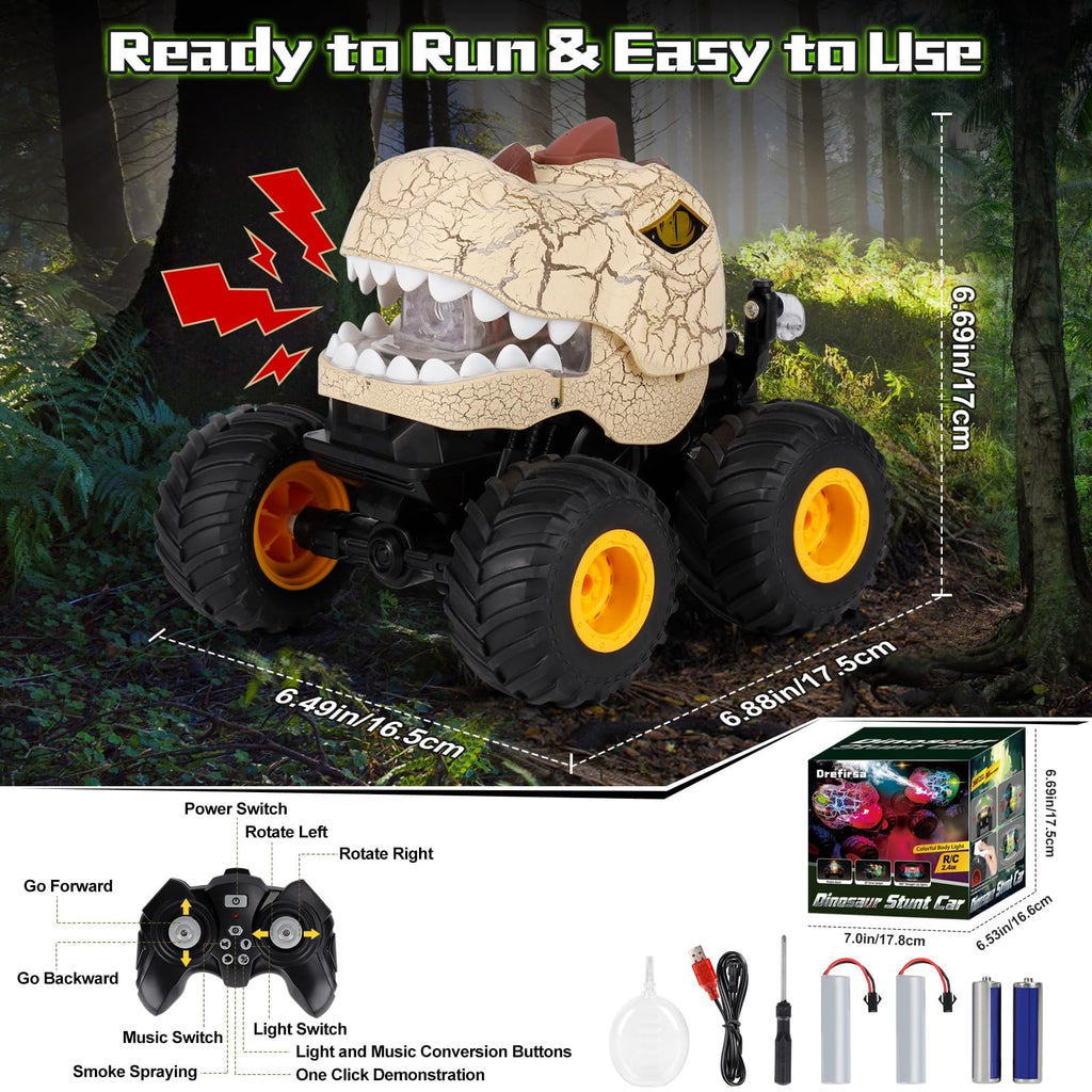 Drefirsa Dinosaur Remote Control Car for Kids Ages 3-5 6-12, Remote Control Monster Truck with Spray, Light, 360° Rolling&90° Driving, All Terrain Dinosaur Toy for Boys Birthday Gift