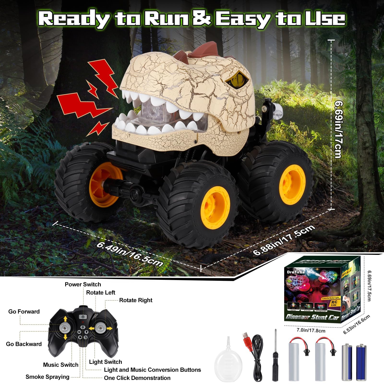 Drefirsa Dinosaur Remote Control Car for Kids Ages 3-5 6-12, Remote Control Monster Truck with Spray, Light, 360° Rolling&90° Driving, All Terrain Dinosaur Toy for Boys Birthday Gift