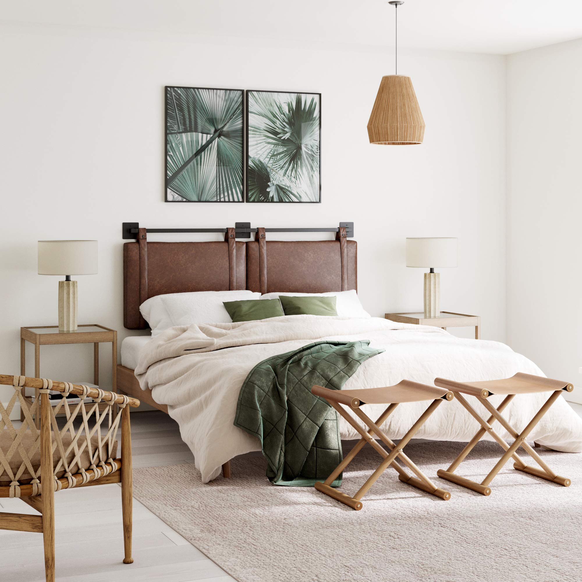 Nathan James Harlow Modern Wall Mount Hanging Headboard, Queen, Brown Faux Leather