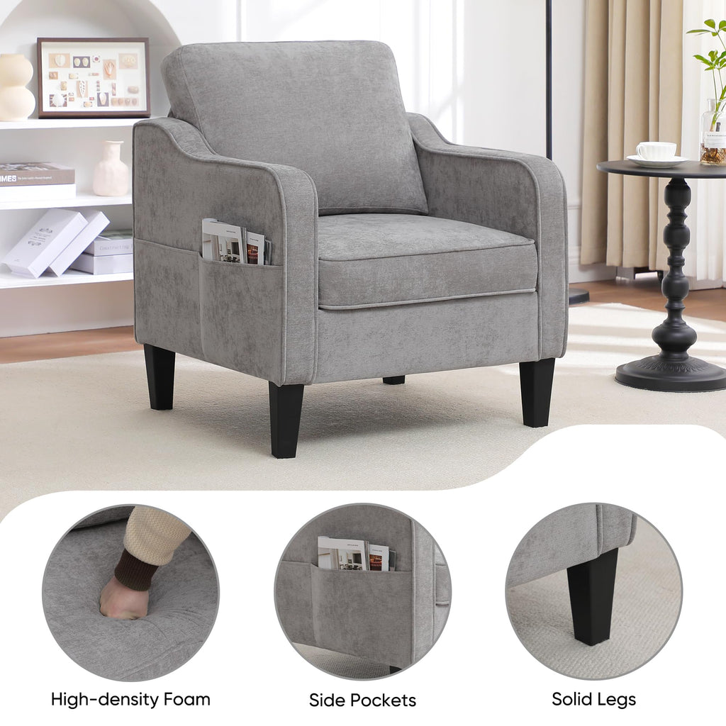 Accent Chair for Living Room, Mid Century Modern Reading Chair for Bedroom, Upholstered Armchair with Side Pockets, Comfy Single Sofa Side Chair for Office, Apartment, Small Room, Beige