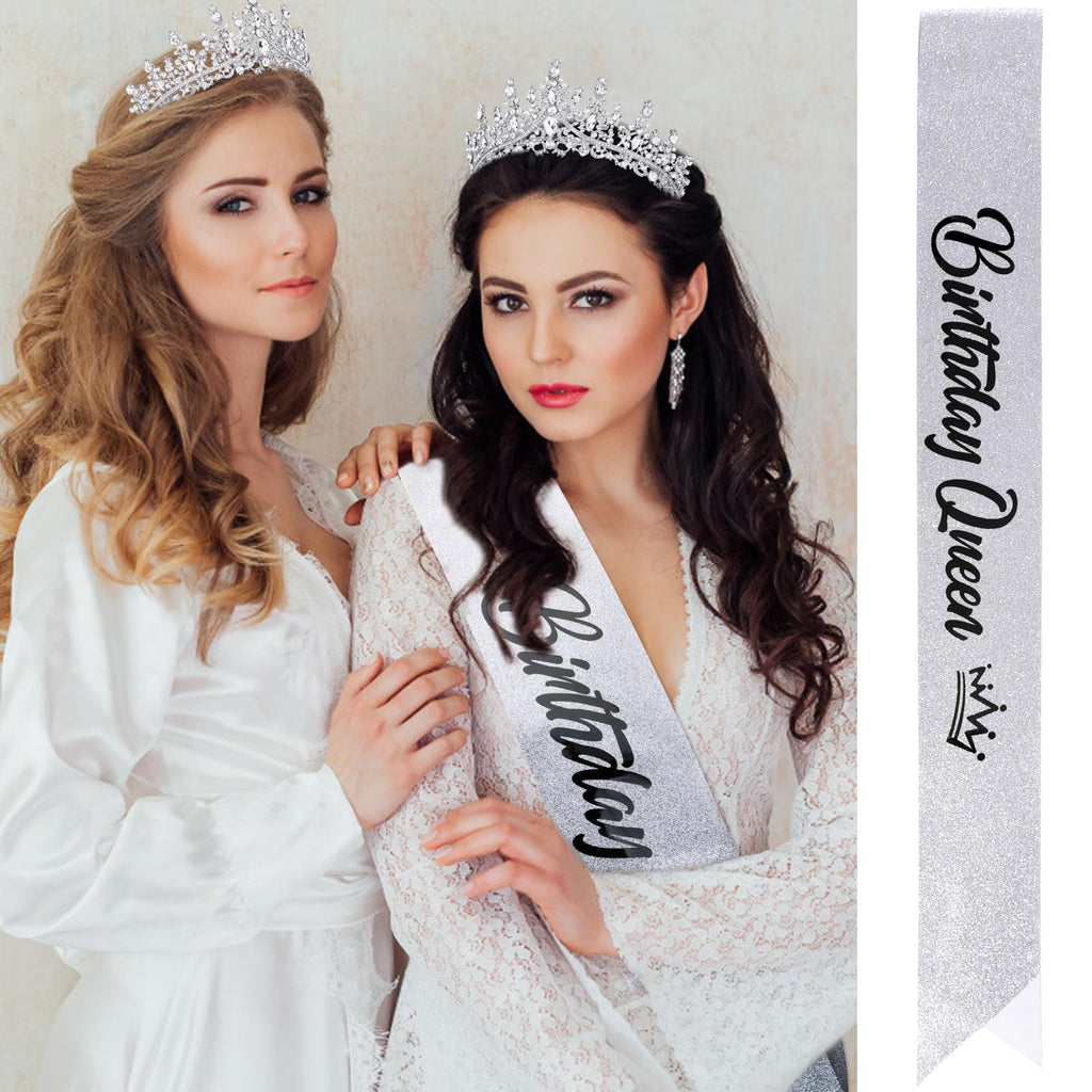 VELSCRUN AB Silver Crystal Birthday Queen Tiara Crowns for Women Girls Birthday Queen Headband Sash Elegant Princess Crown with Combs Hair Accessories Happy Birth Party Decorations Mom Gift