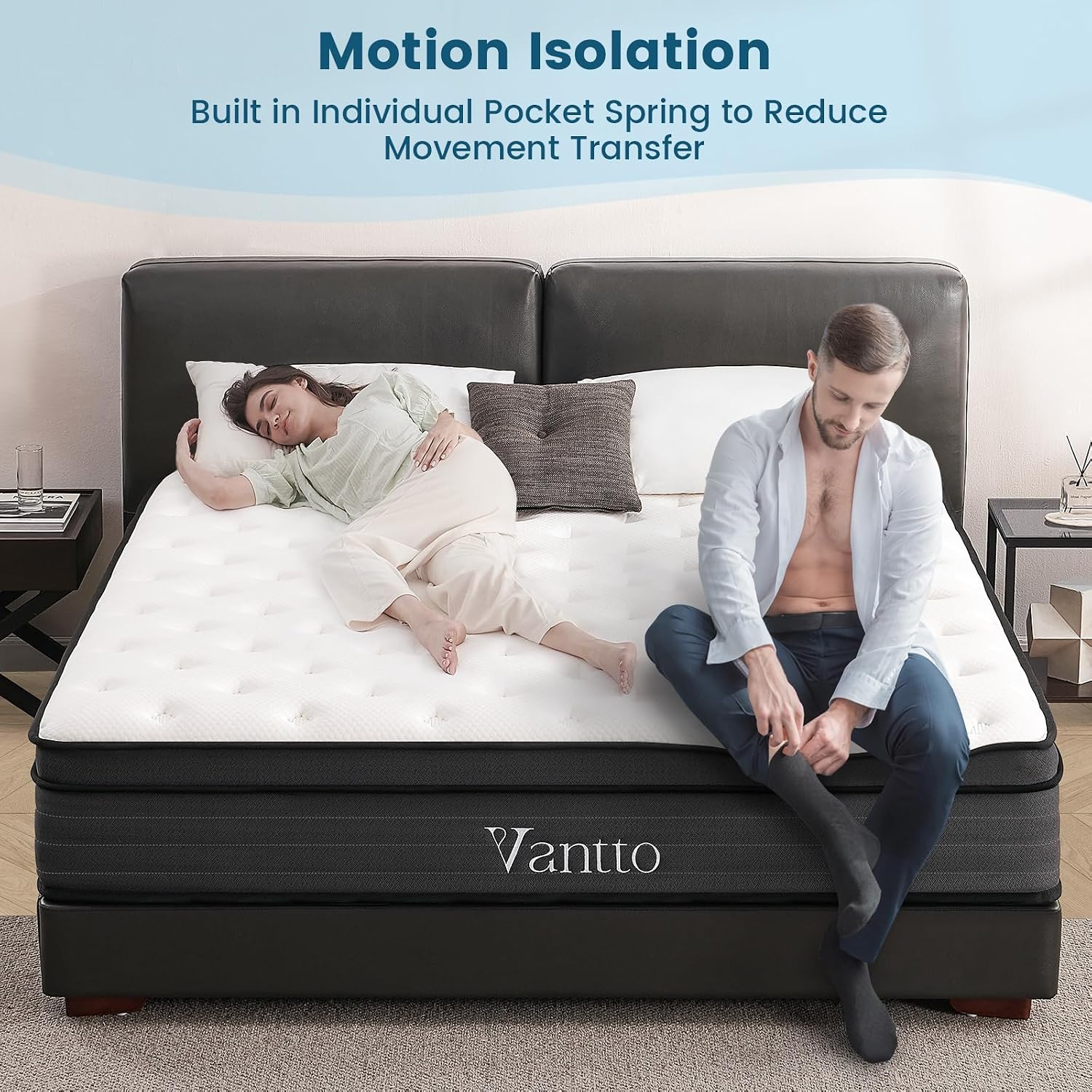 Vantto Queen Mattresses, 14 inch Hybrid Memory Foam Queen Bed Mattress in a Box, Pocket Spring for Motion Isolation, Pressure Relief, Silent Sleep, CertiPUR-US