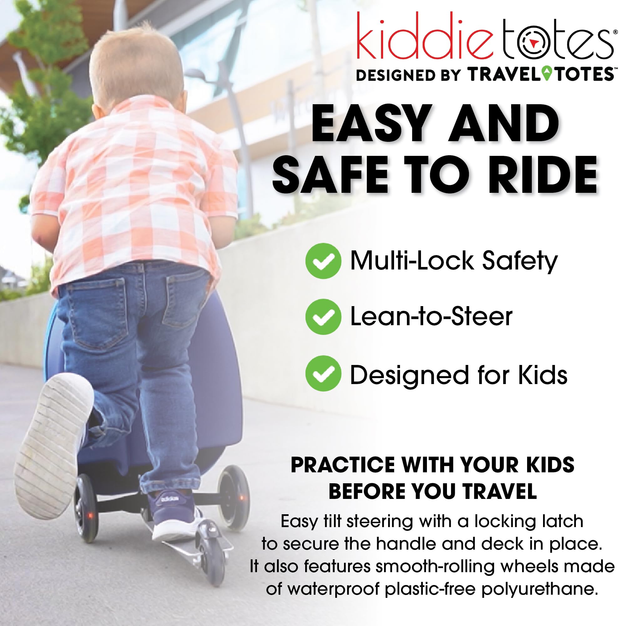 KIDDIETOTES Ride-On Scooter Suitcase for Kids – Hardside Lightweight Carry-On Luggage with Foldable Scooter, LED Wheels, Travel Fun for Toddlers & Children