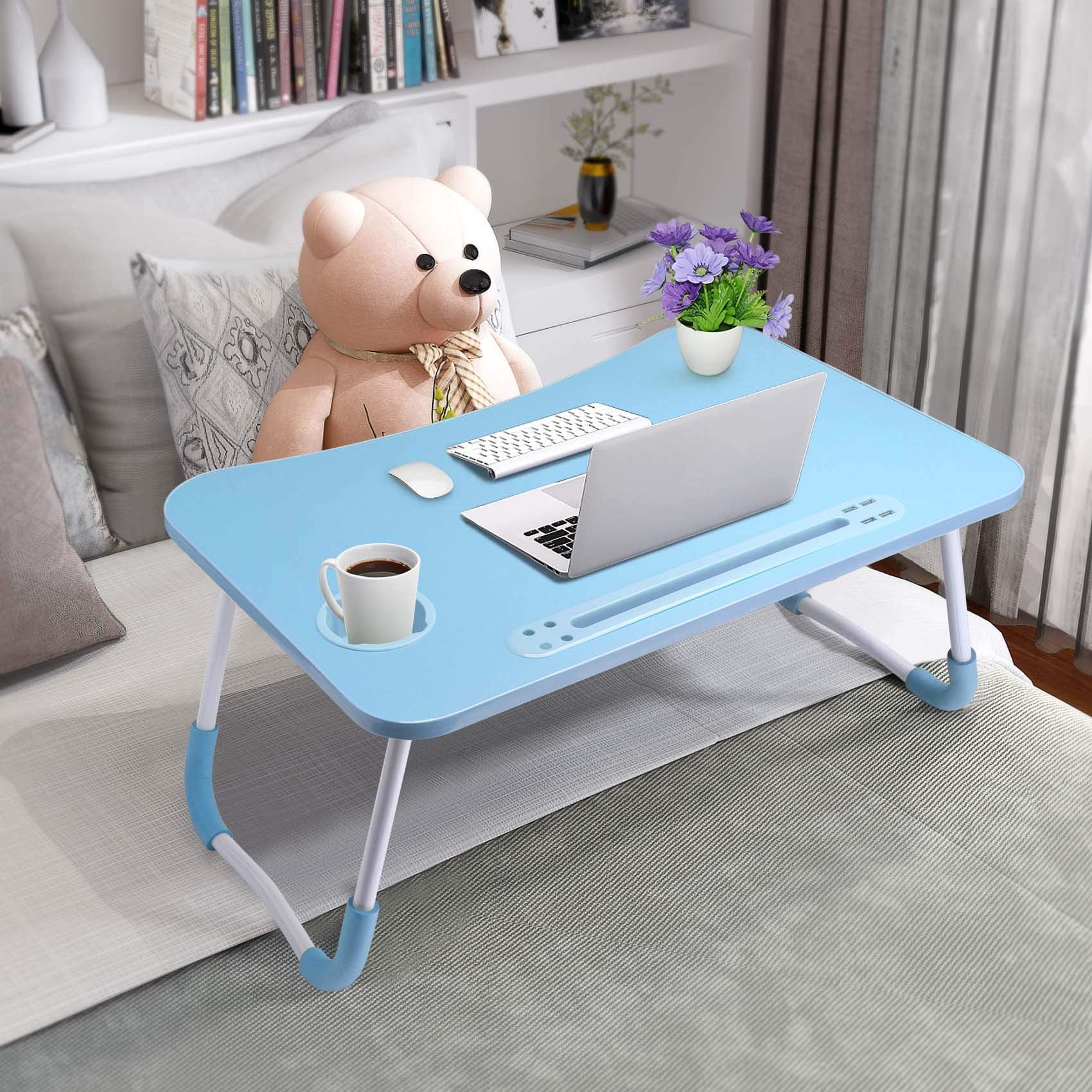 Slendor Lap Desk with Cup Holder, Foldable Laptop Table for Bed, Portable Bed Desk for Laptop and Writing, Computer Tray with Tablet Slot, Notebook Stand Reading Holder for Couch Sofa Floor,Black