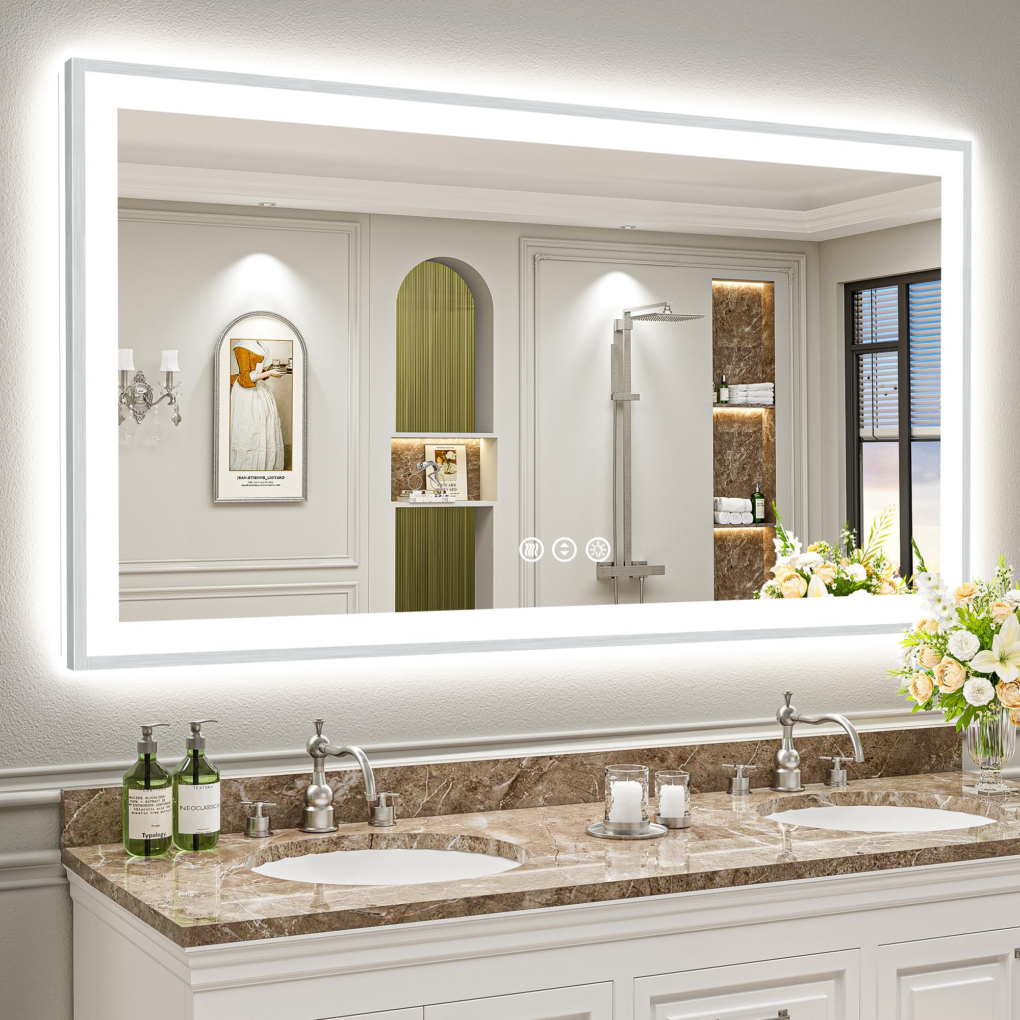 24x32 Black Framed LED Bathroom Mirror with Lights, Backlit and Front Lit Anti-Fog Lighted Vanity Mirrors for Bathroom Wall, Dimmable, 3 Colors, Memory, HD Tempered Glass, Horizontal/Vertical