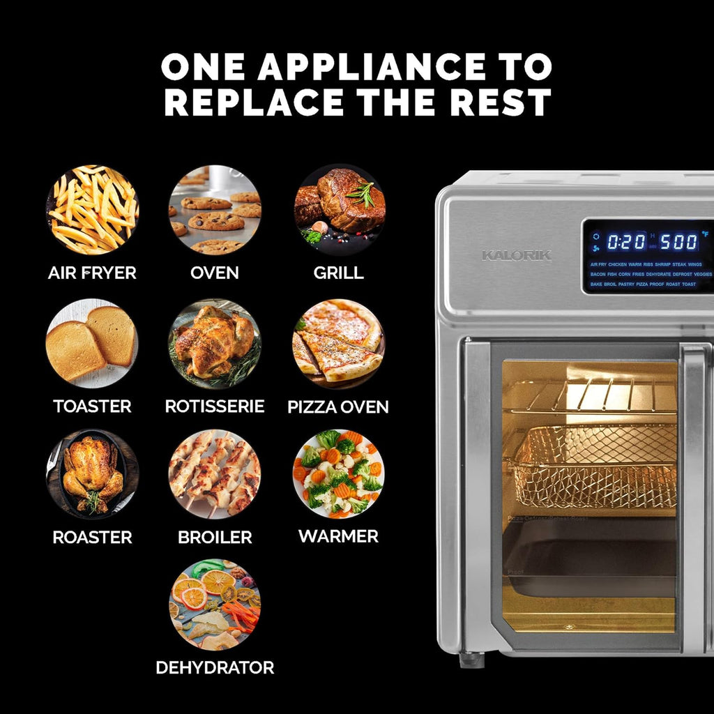 Kalorik MAXX® Digital Air Fryer Oven, 26 Quart, 10-in-1 Countertop Toaster Oven & Air Fryer Combo-21 Presets up to 500 degrees, Includes 9 Accessories & Cookbook, 26-Quart, Stainless Steel