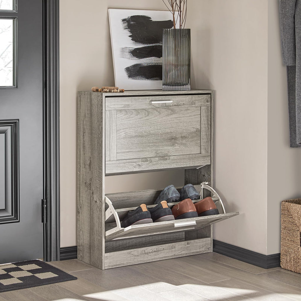 Haotian Shoe Cabinet Storage for Entryway, Narrow Shoe Cabinet with Two Flip Drawers to Save Space, Shoe Rack Cabinet for Front Door Entrance Hallway (Black)
