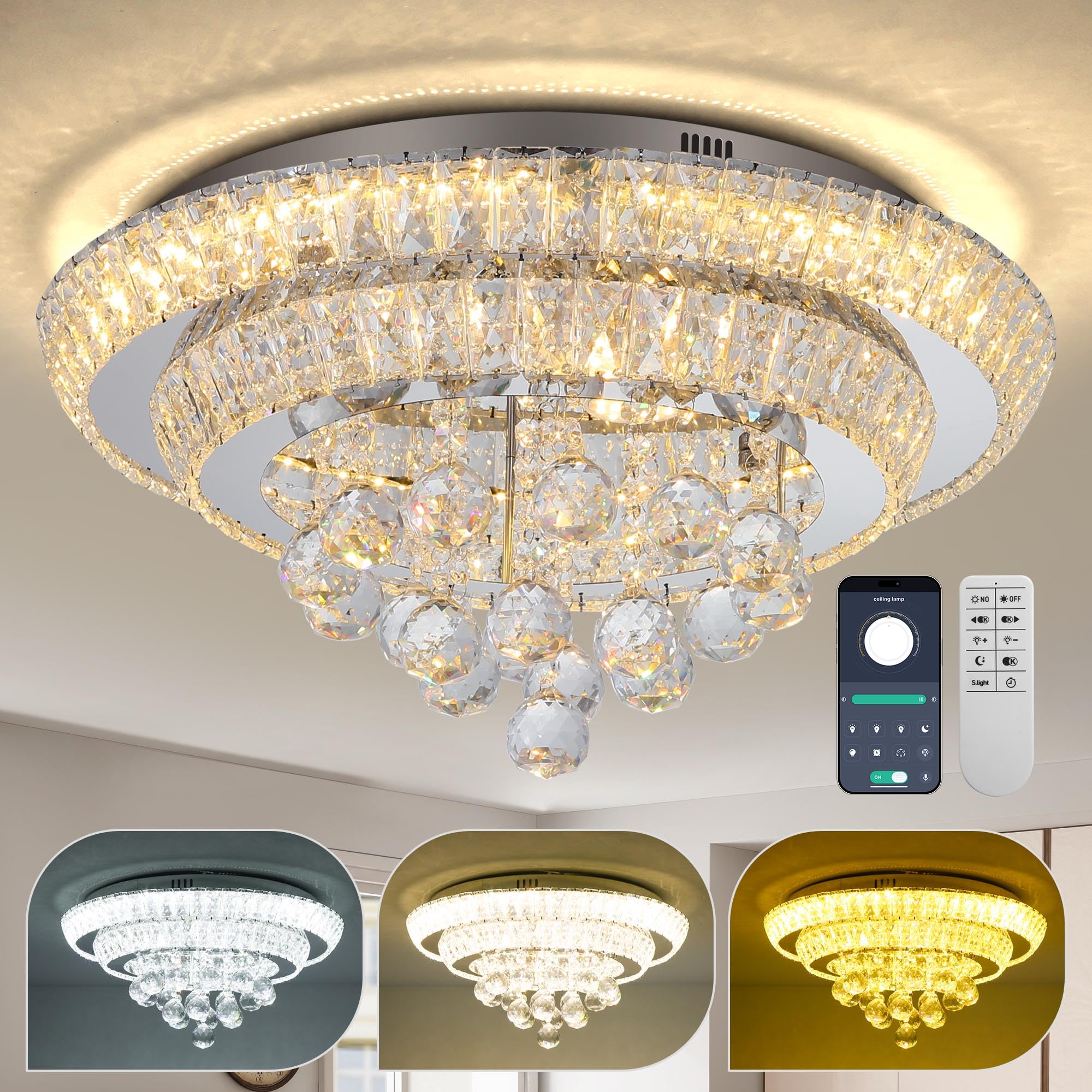 COCOSTAR 20" Gold Crystal Chandeliers, Flush Mount Chandelier LED Ceiling Light, Modern Crystal Raindrop Chandeliers for Dining Room, Living Room, Bedroom