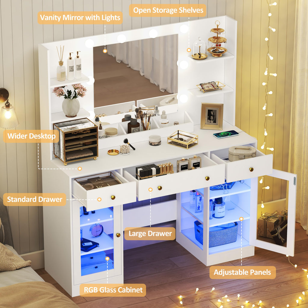 HUANLEGO Vanity Desk with Mirror and Lights, Makeup Vanity with Mirror and LED Lights & Power Outlet, 3 Drawers and Cabinets, 3 Lighting Modes Dressing Table Set for Girls Women Bedroom,Oak