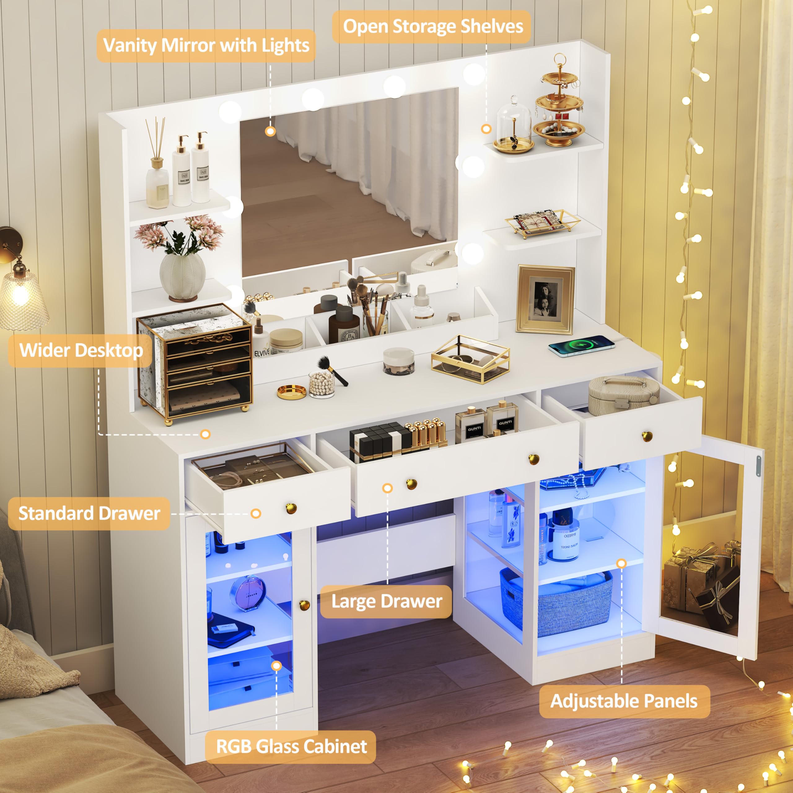 HUANLEGO Vanity Desk with Mirror and Lights, Makeup Vanity with Mirror and LED Lights & Power Outlet, 3 Drawers and Cabinets, 3 Lighting Modes Dressing Table Set for Girls Women Bedroom,Oak