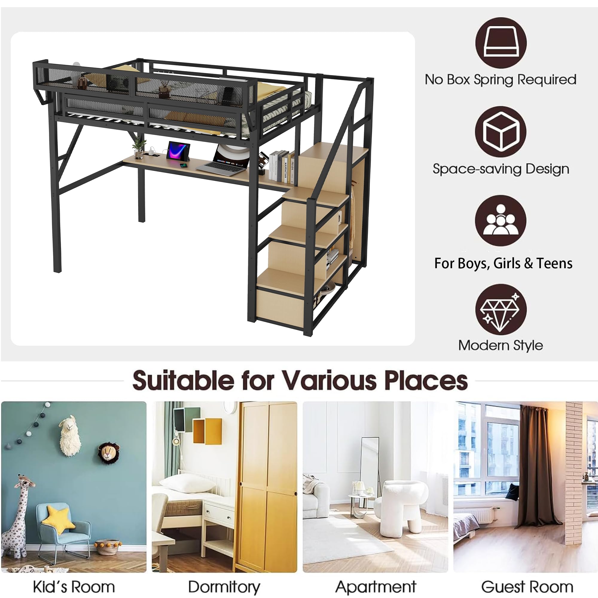 Mirightone Full Size Loft Bed with Stairs, Metal Loft Beds, High Loft Bed Frame with Storage Shelves, Lofted Full Bed with Wardrobe for Kids and Teens, No Box Spring Needed (Black)