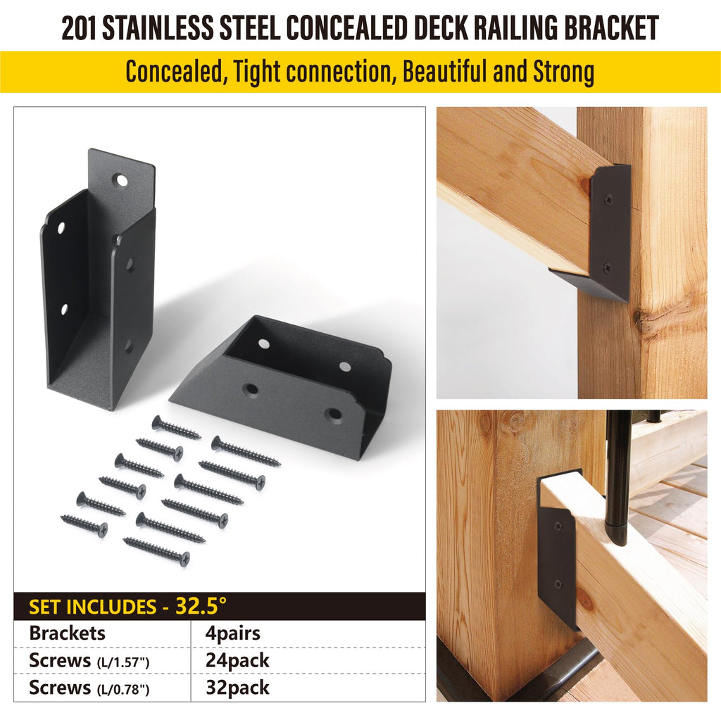 AECXM 201 Stainless Steel 2" x 4" (1 ½" x 3 ½" Actual) Deck Railing 27.5° Stair Connectors, for Deck Railing Stair Handrail Connection Installation Deck Railing Bracket (4 Pair-Black)
