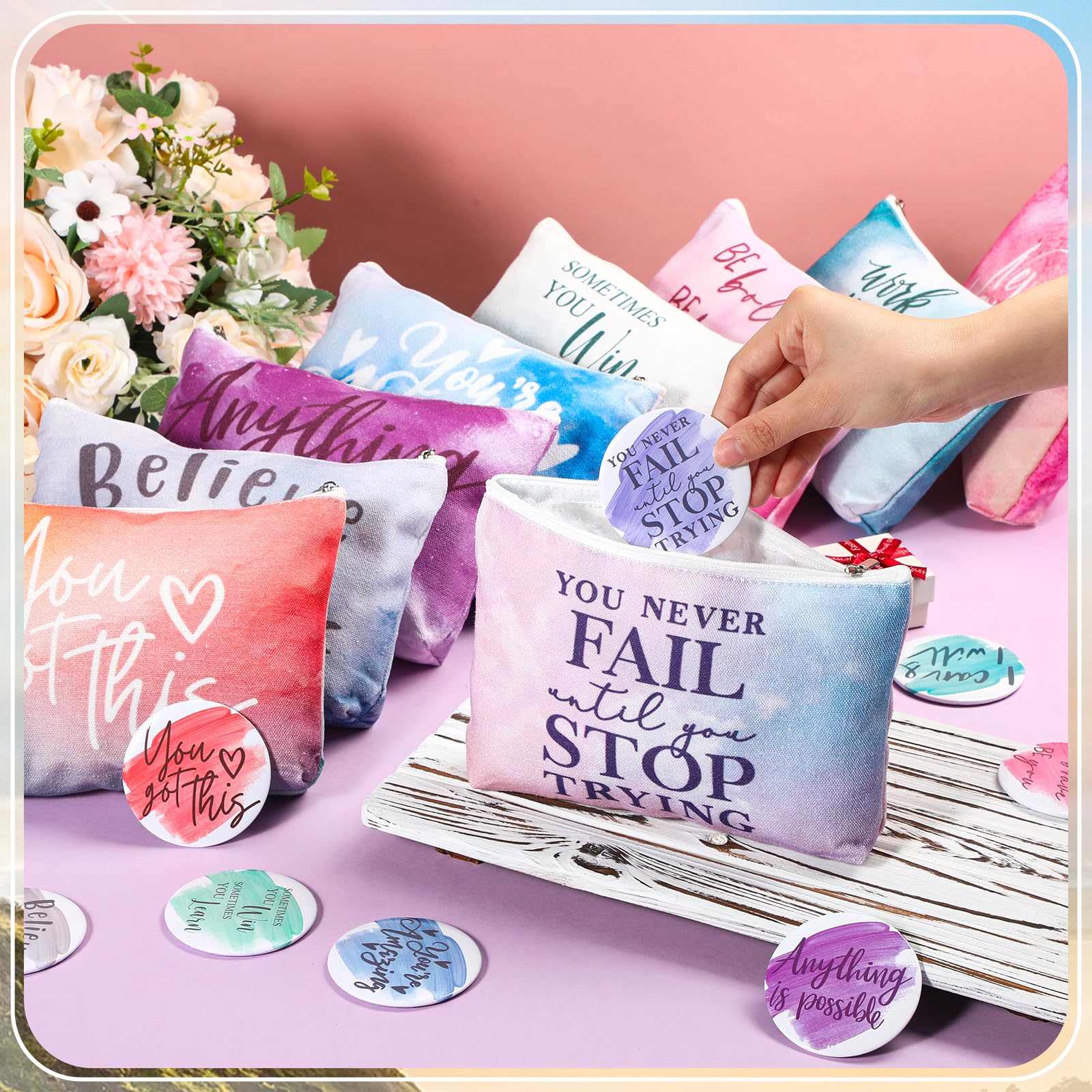 Vercraft 20 Pcs Employee Appreciation Gift for Women Inspirational Canvas Makeup Bag Portable Compact Mirror Bulk Cosmetic Bag Thank You Party Favor for Women Coworker Nurse (Bohemian,Boho)