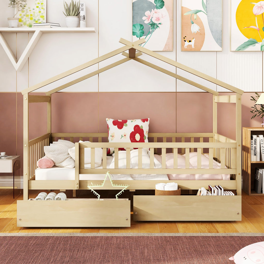 Merax Twin Size Wooden House Bed with Two Drawers, Wood Bed Frame with Roof for Kids, Teens, Boys or Girls, Grey