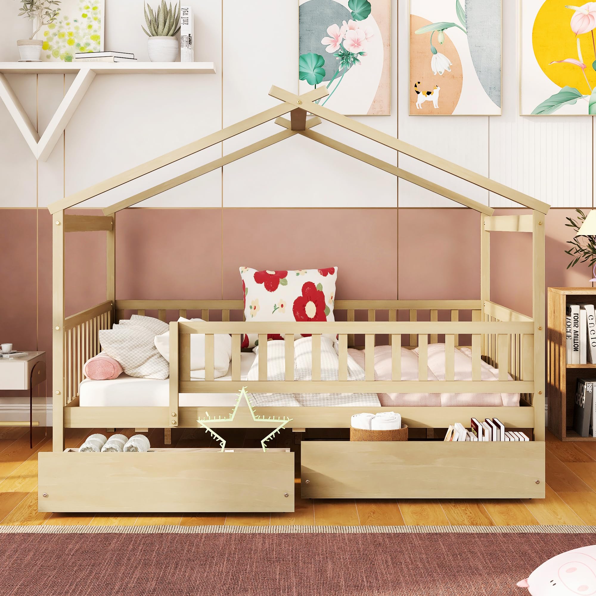 Merax Twin Size Wooden House Bed with Two Drawers, Wood Bed Frame with Roof for Kids, Teens, Boys or Girls, Grey