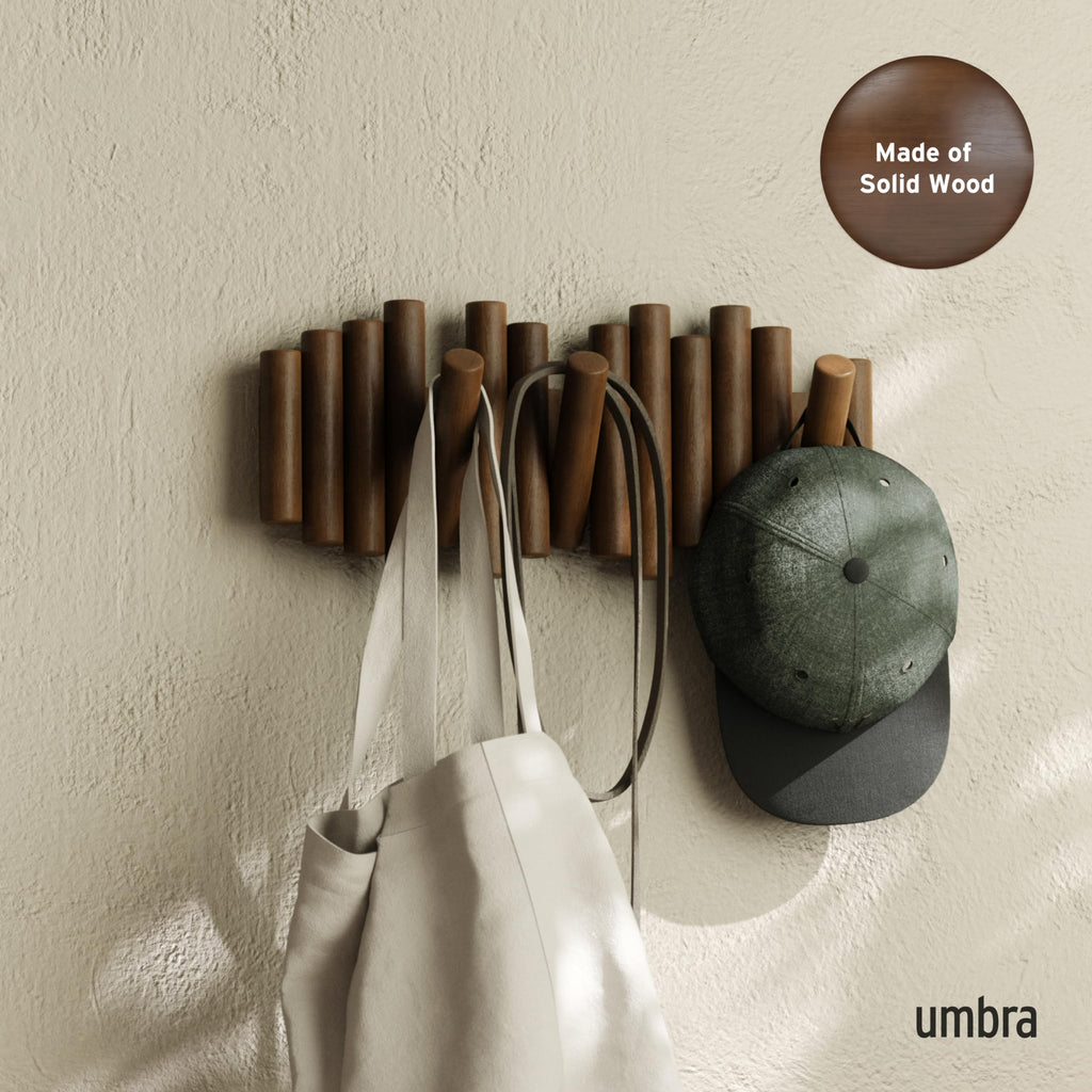 Umbra Picket Wall-Mounted Coat Rack Rail Hook with 5 Retractable Wood Pegs – Modern, Space-Saving Storage Organizer, Black