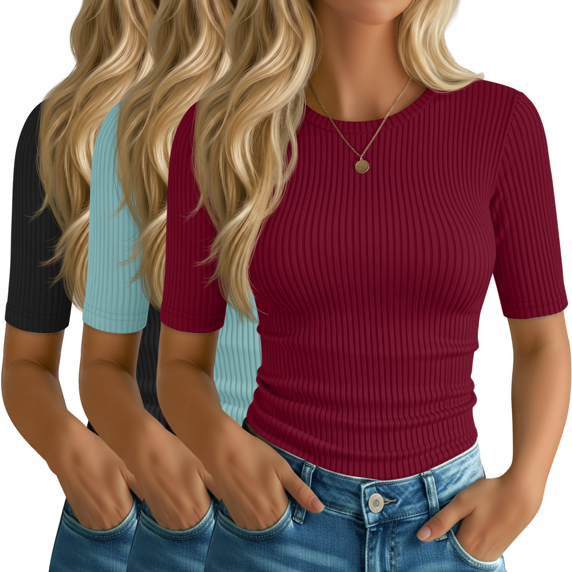 Riyiper 3 Pack Women's Elbow Length Tops, Half Sleeve Ribbed Cotton T Shirt Crew Neck Summer Tee Slim Fit Casual Blouses