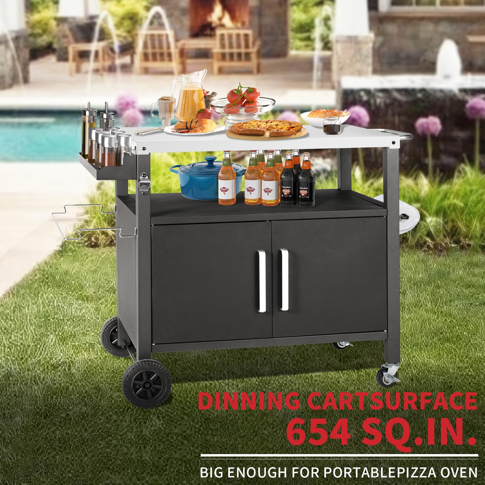 Kendane Grill Cart Table with Big Storage Cabinet, Movable Outdoor Dining Cart Pizza Oven Stand, Kitchen Cart Island Multifunction Food Prep Table Stainless Steel Surface