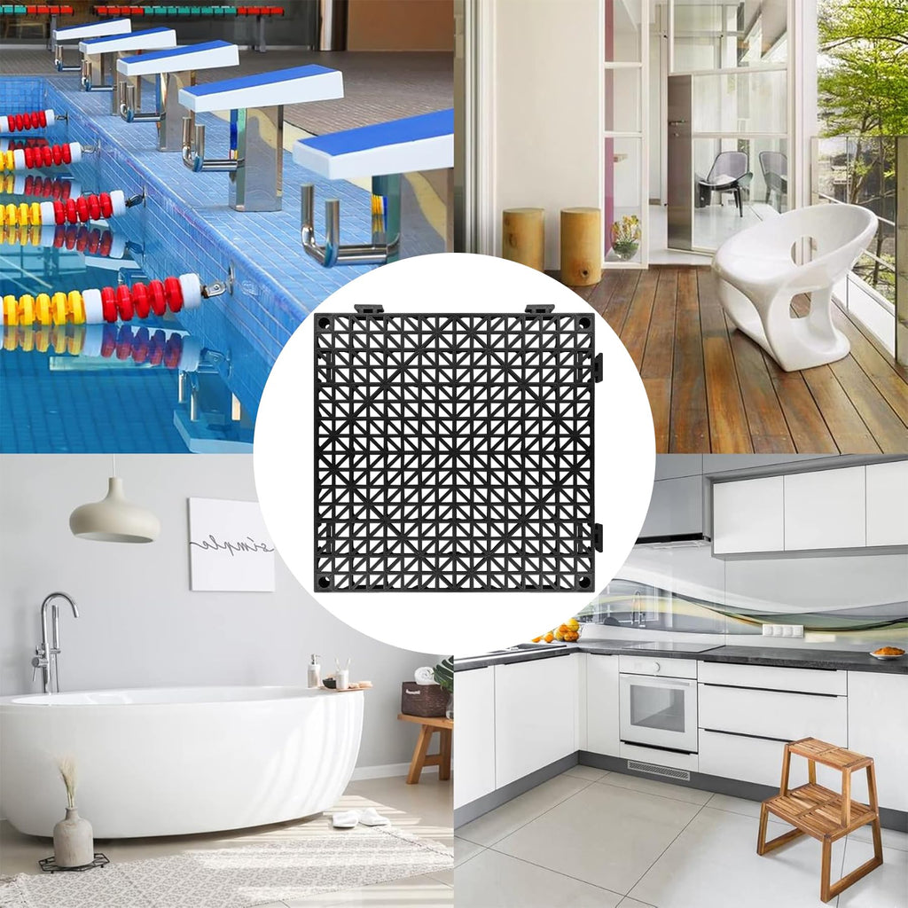 ToLanbbt Modular Interlocking Cushion 8P 11.8" x 11.8" Interlocking Rubber Floor Drain Holes Non-Slip Splicing Drainage Mats for Deck, Shower, Kitchen, Drain Pool, Sauna Bath, Indoor Outdoor (Black)